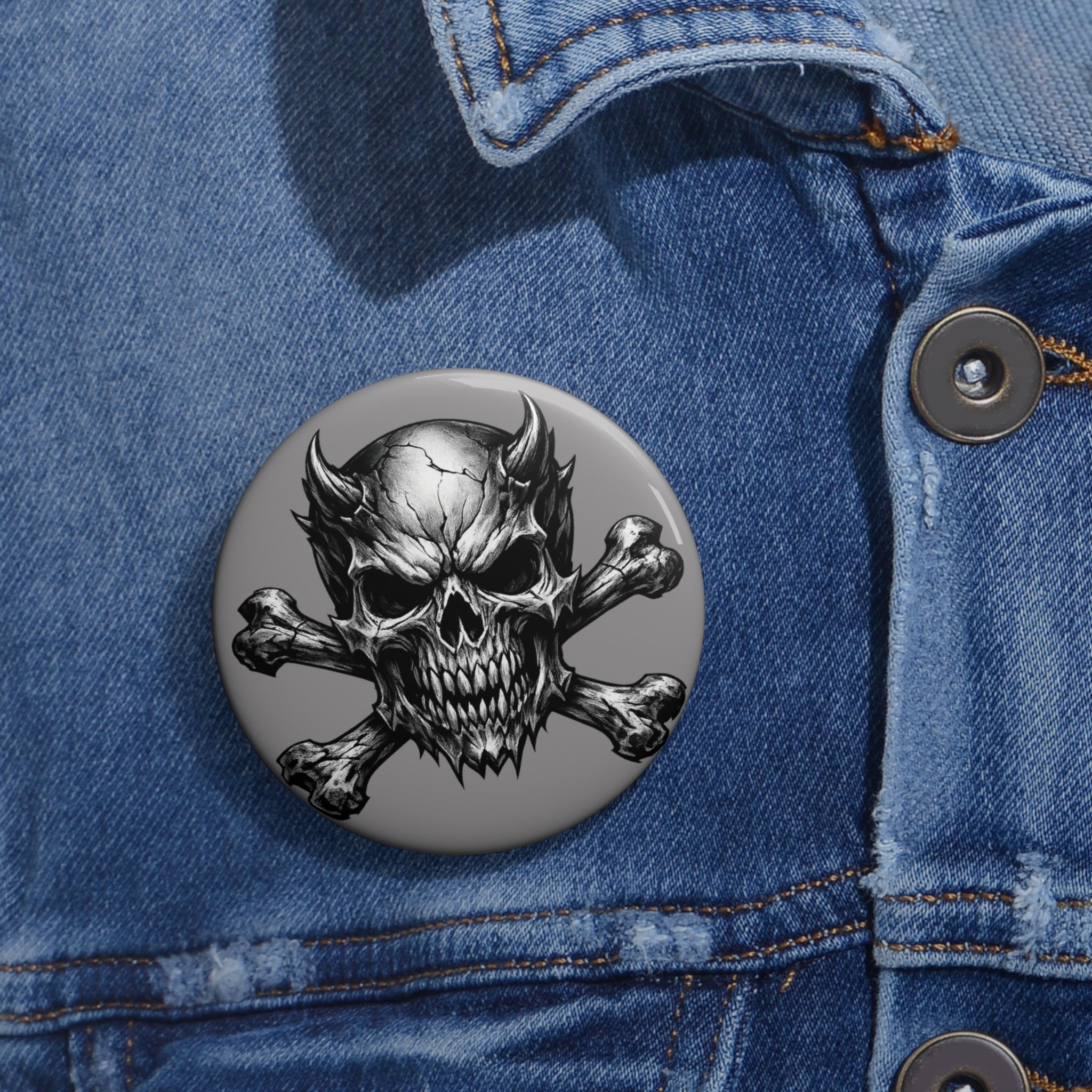 Evil Skull & Crossbones Pin Button — Gothic Metal Jacket Badge