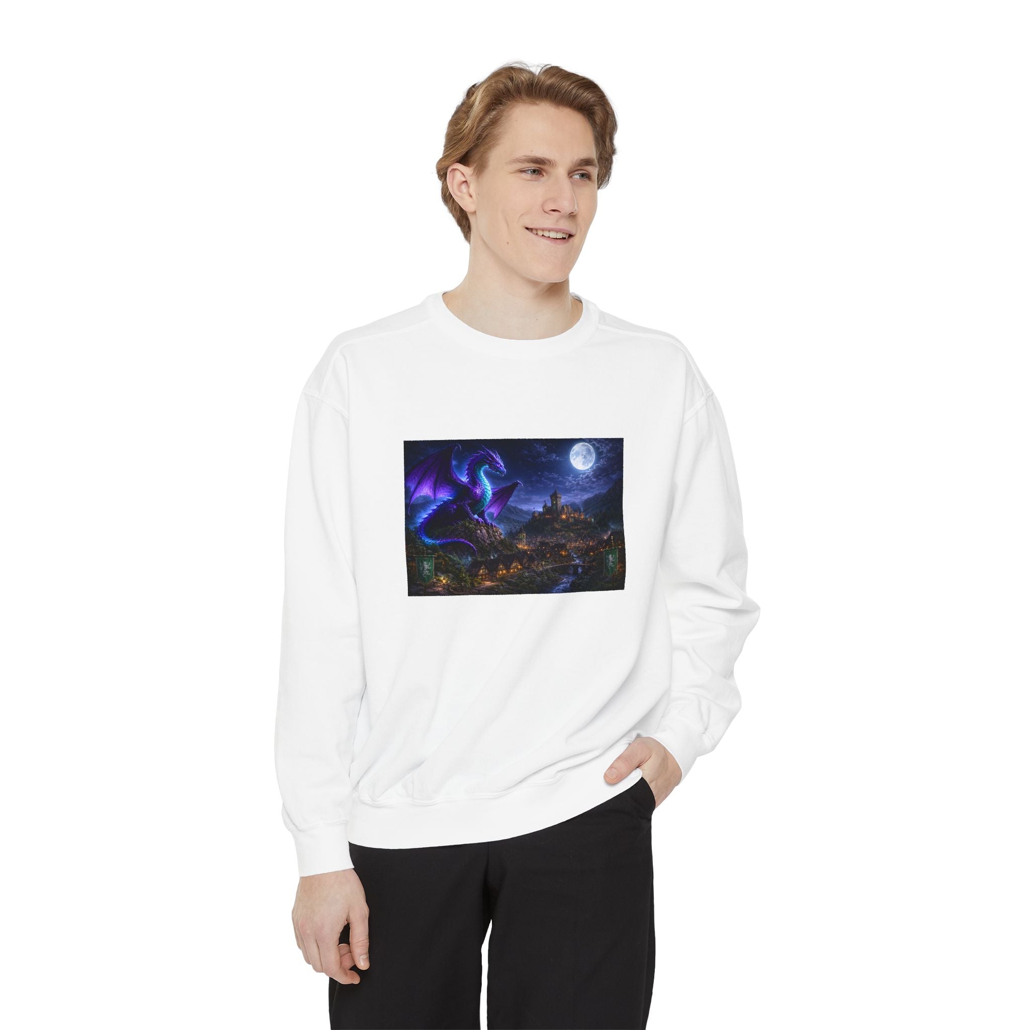 Dragon Night Sweatshirt — Mystical Purple Dragon Over Moonlit Village