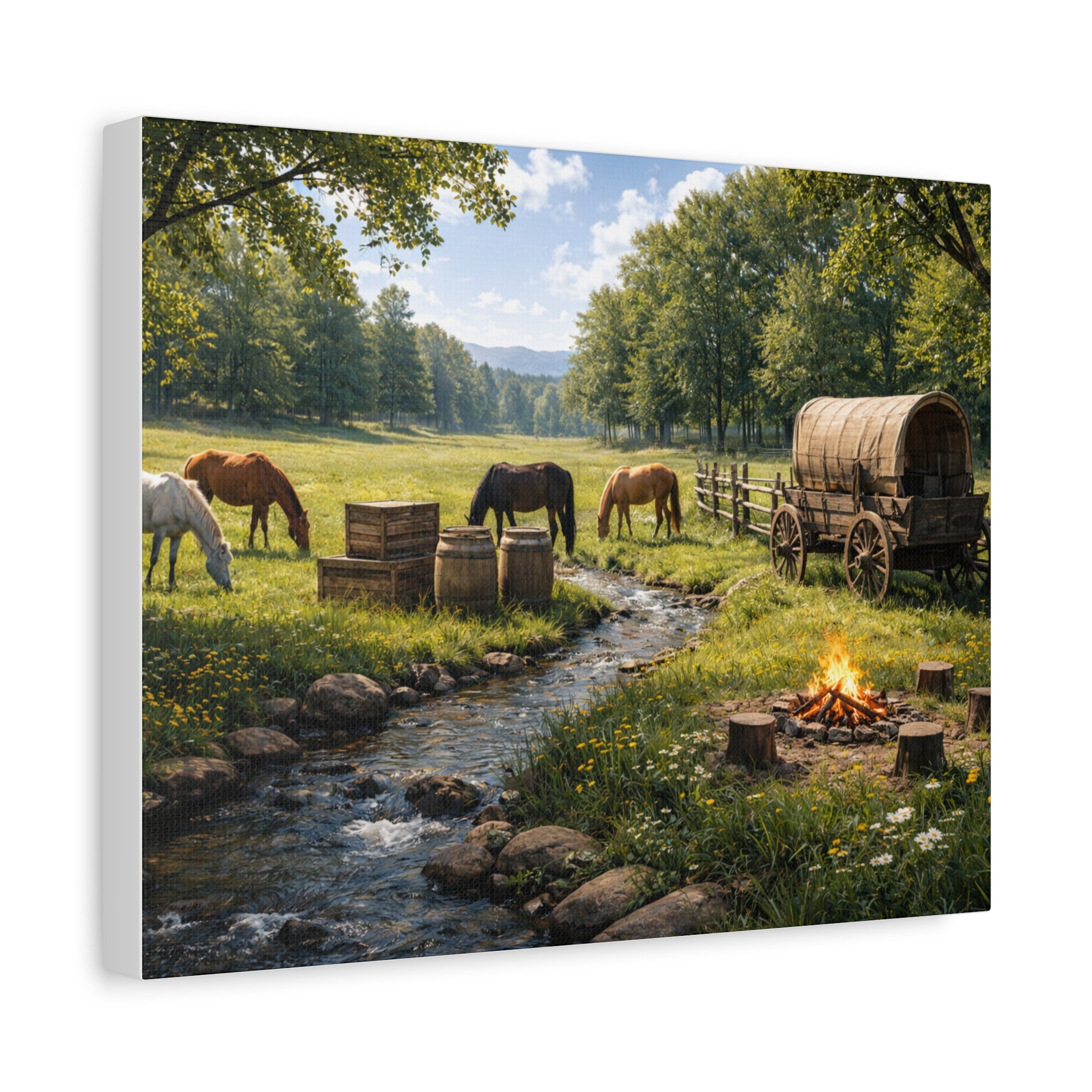 Country Trail Canvas Print – Rustic Wagon & Horses Matte Stretched Wall Art