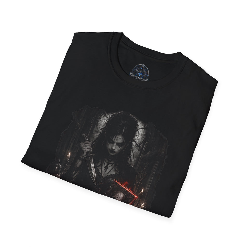 Gothic Witchy Girl T-Shirt — Dark Horror Art Tee with Red Sword