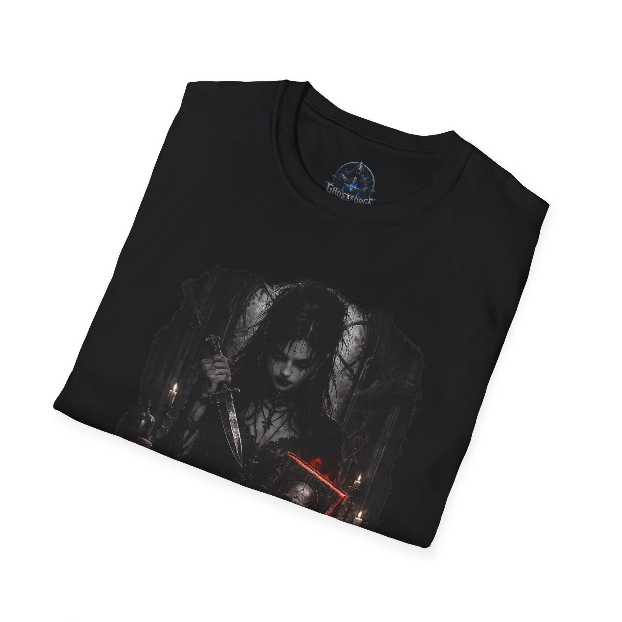 Gothic Witchy Girl T-Shirt — Dark Horror Art Tee with Red Sword