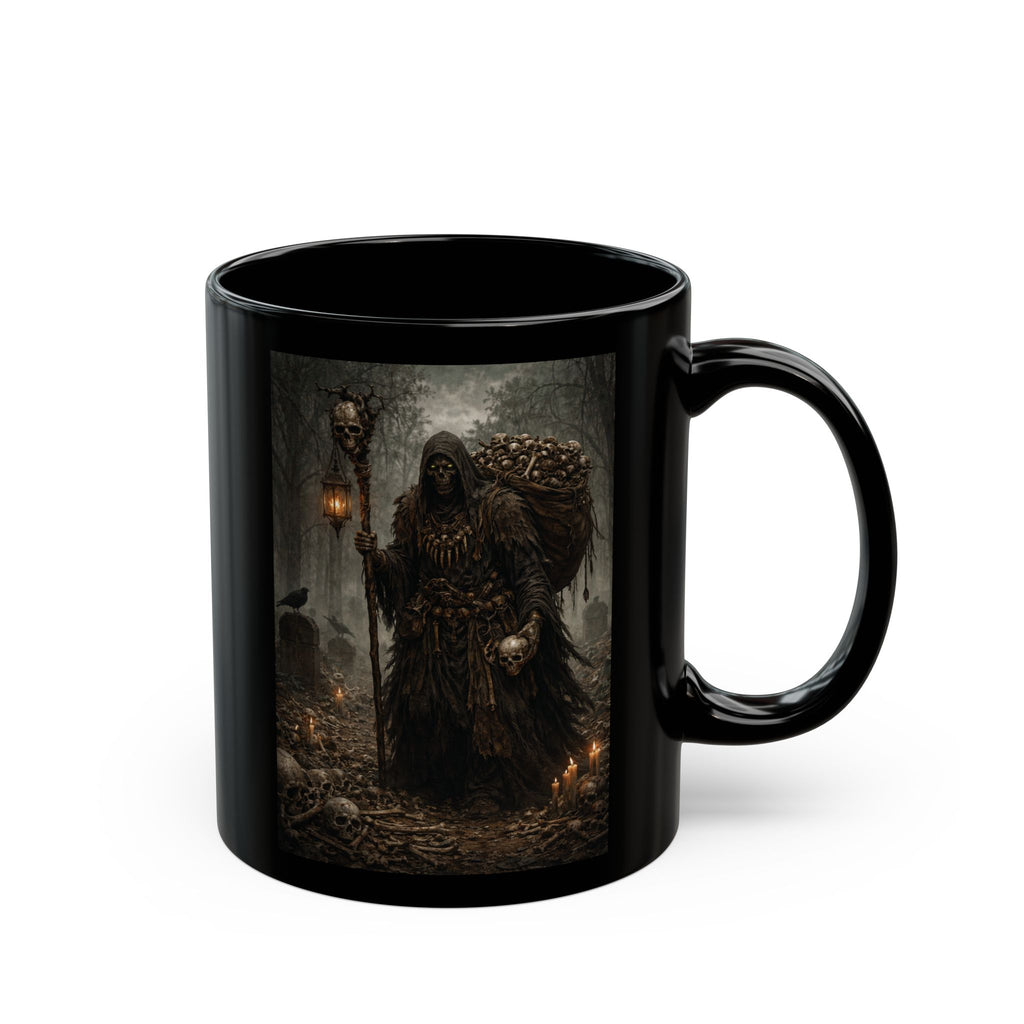Bone Collector Grim Reaper Dark Fantasy Black Mug — Gothic Necromancer Illustration (11oz/15oz)