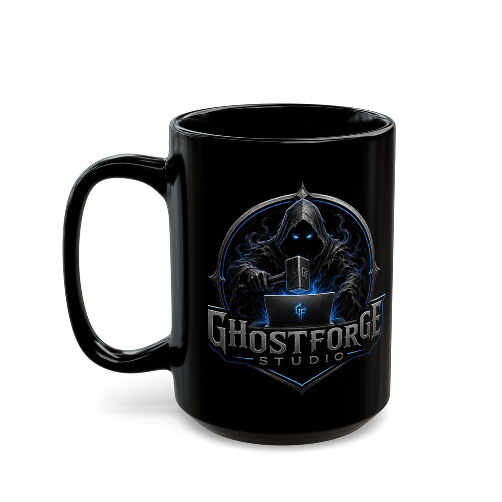 GhostForge Studio Logo Black Mug — Gaming Raven Hooded Emblem Coffee Cup (11oz/15oz)