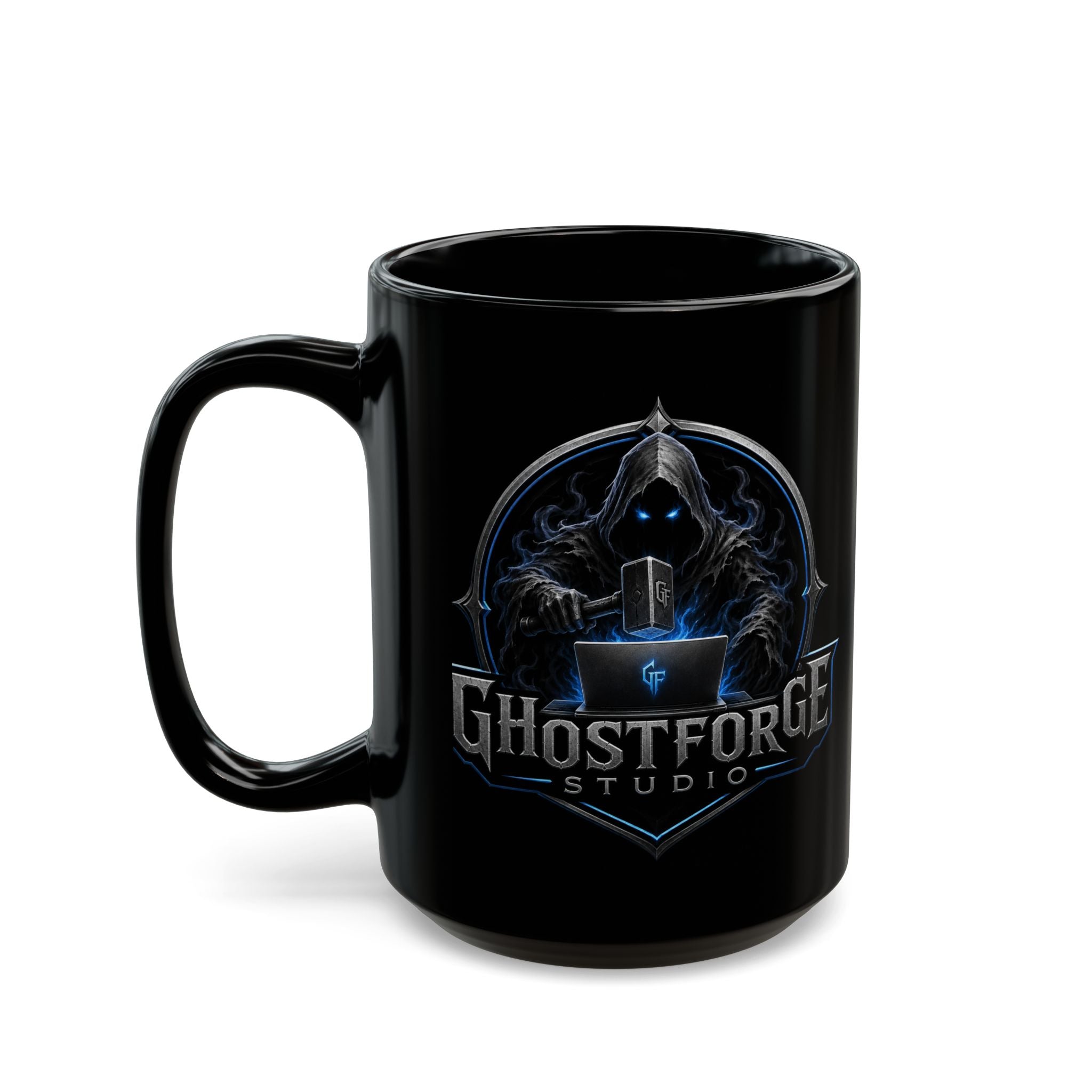 GhostForge Studio Logo Black Mug — Gaming Raven Hooded Emblem Coffee Cup (11oz/15oz)
