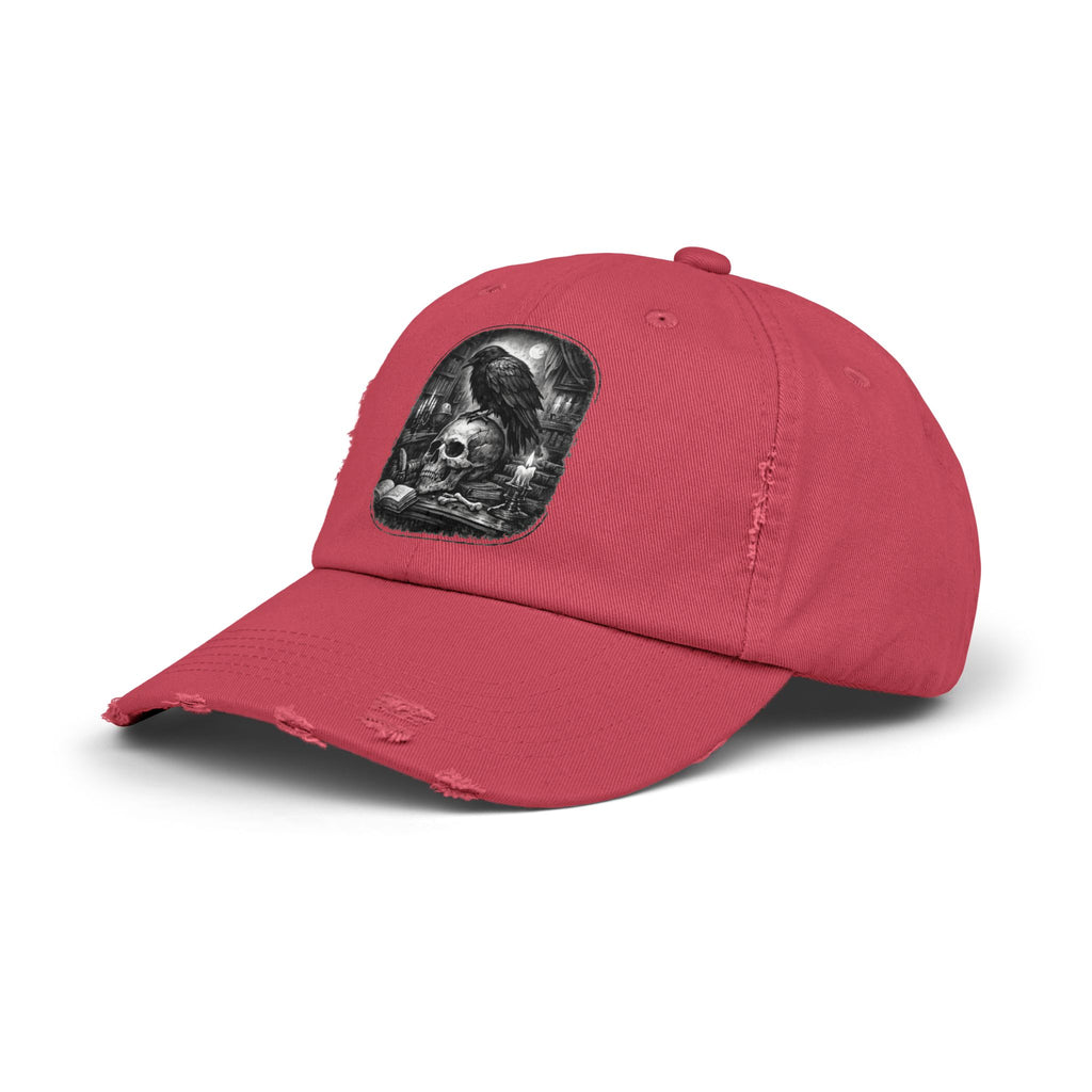 Distressed Raven & Skull Cap — Gothic Vintage Baseball Hat