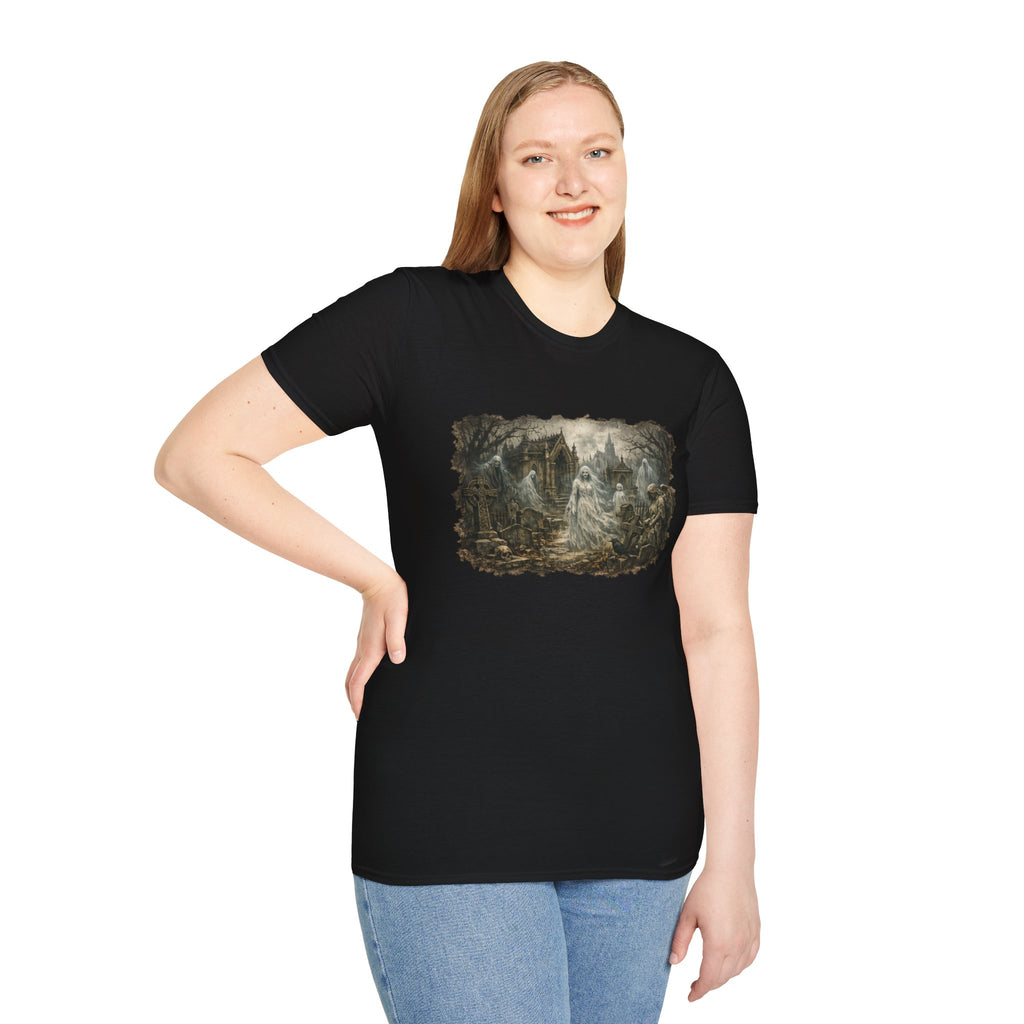 Gothic Graveyard Scene T-Shirt — Haunted Victorian Spirits Design