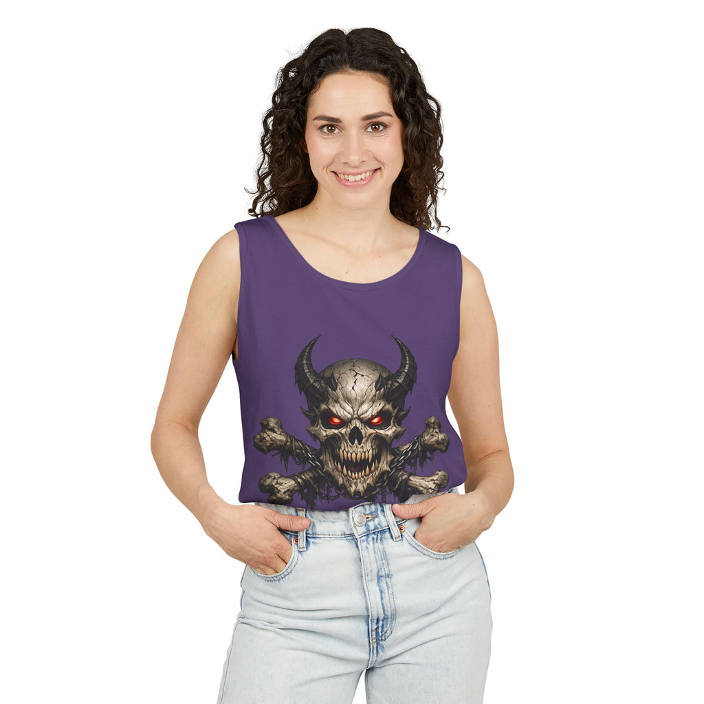 Demon Skull Tank Top — Red-Eyed Skull & Crossbones Graphic