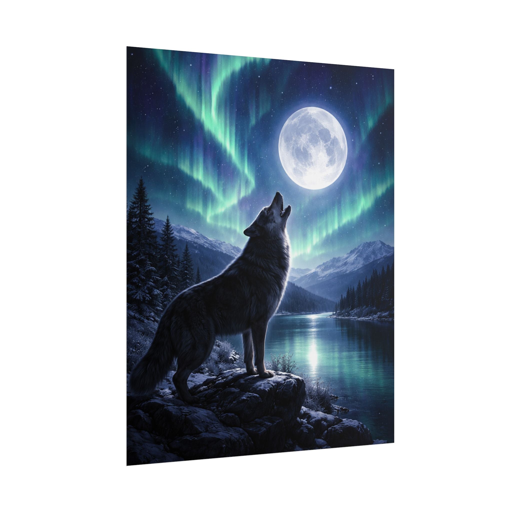 Wolf Howl Moon Poster – Northern Lights Landscape Wall Art