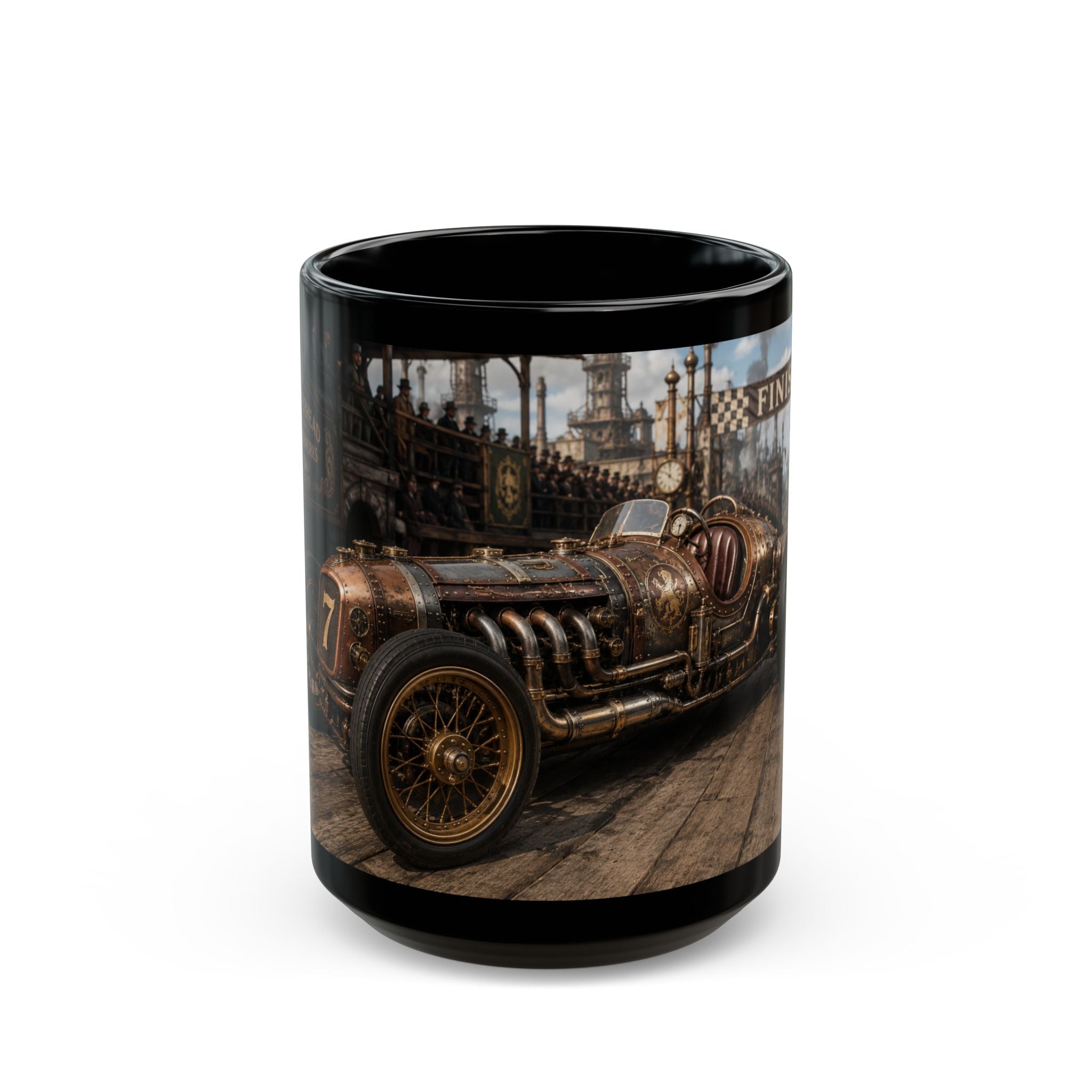 Steampunk Vintage Racecar Black Mug - 'Finish' Retro Racing Coffee Cup (11oz/15oz)