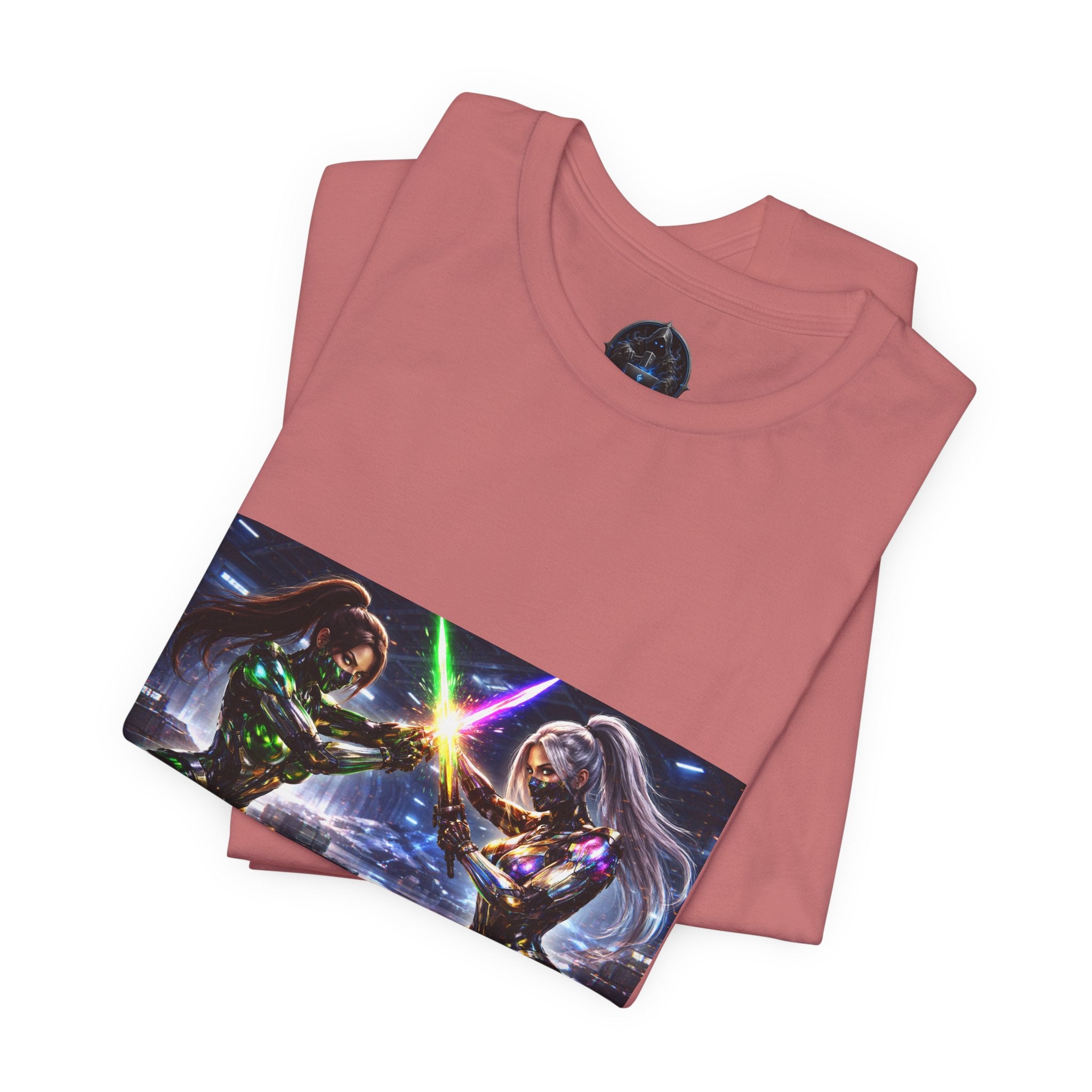 Sci‑Fi Duel Graphic Tee — Neon Cyber Warriors Chest Print