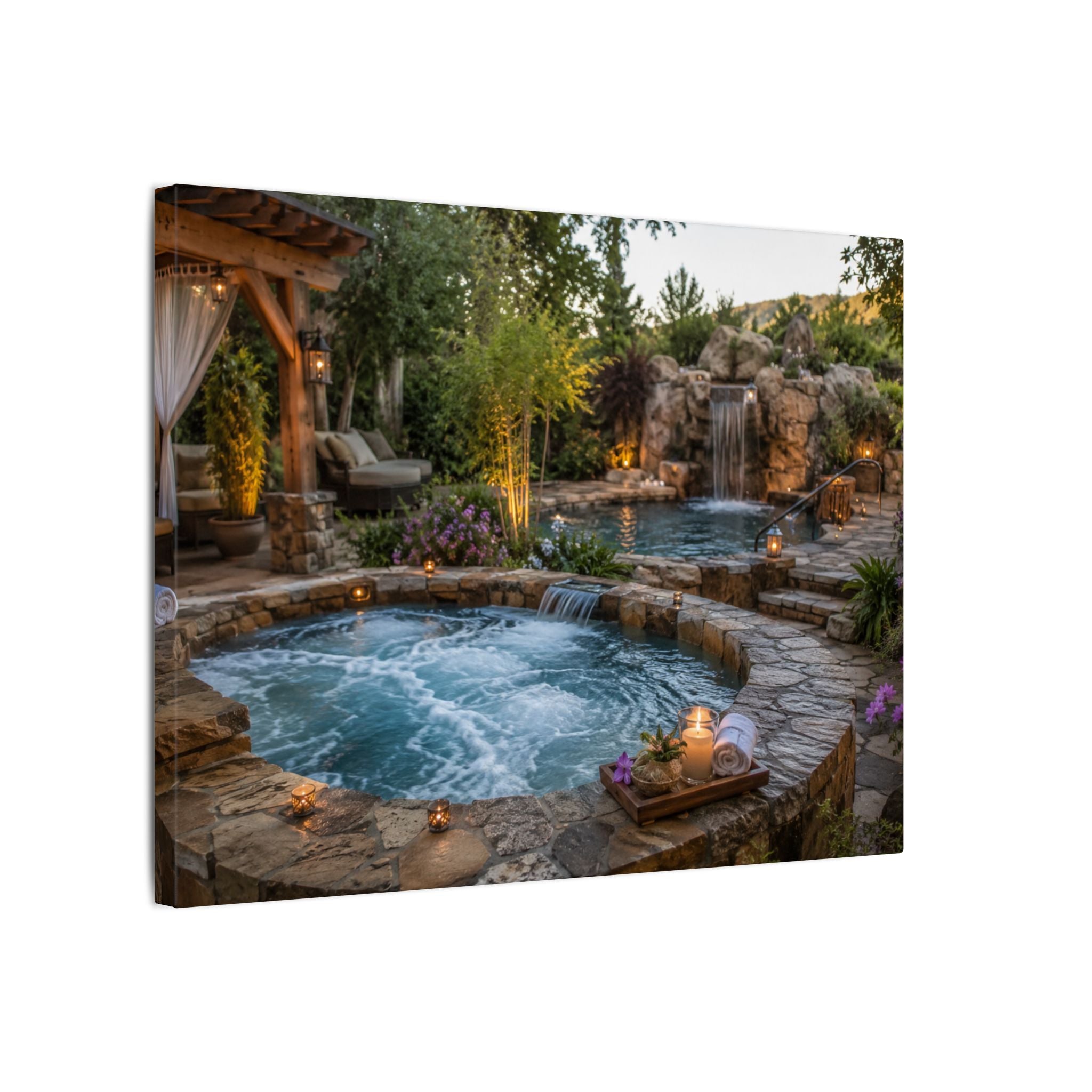 Relaxing Backyard Spa Canvas Wall Art – Tranquil Pool & Waterfall Scene