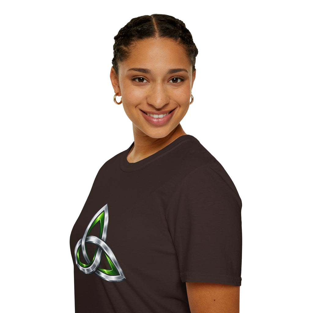 Celtic Trinity Knot T-Shirt — Metallic Green Triquetra Design