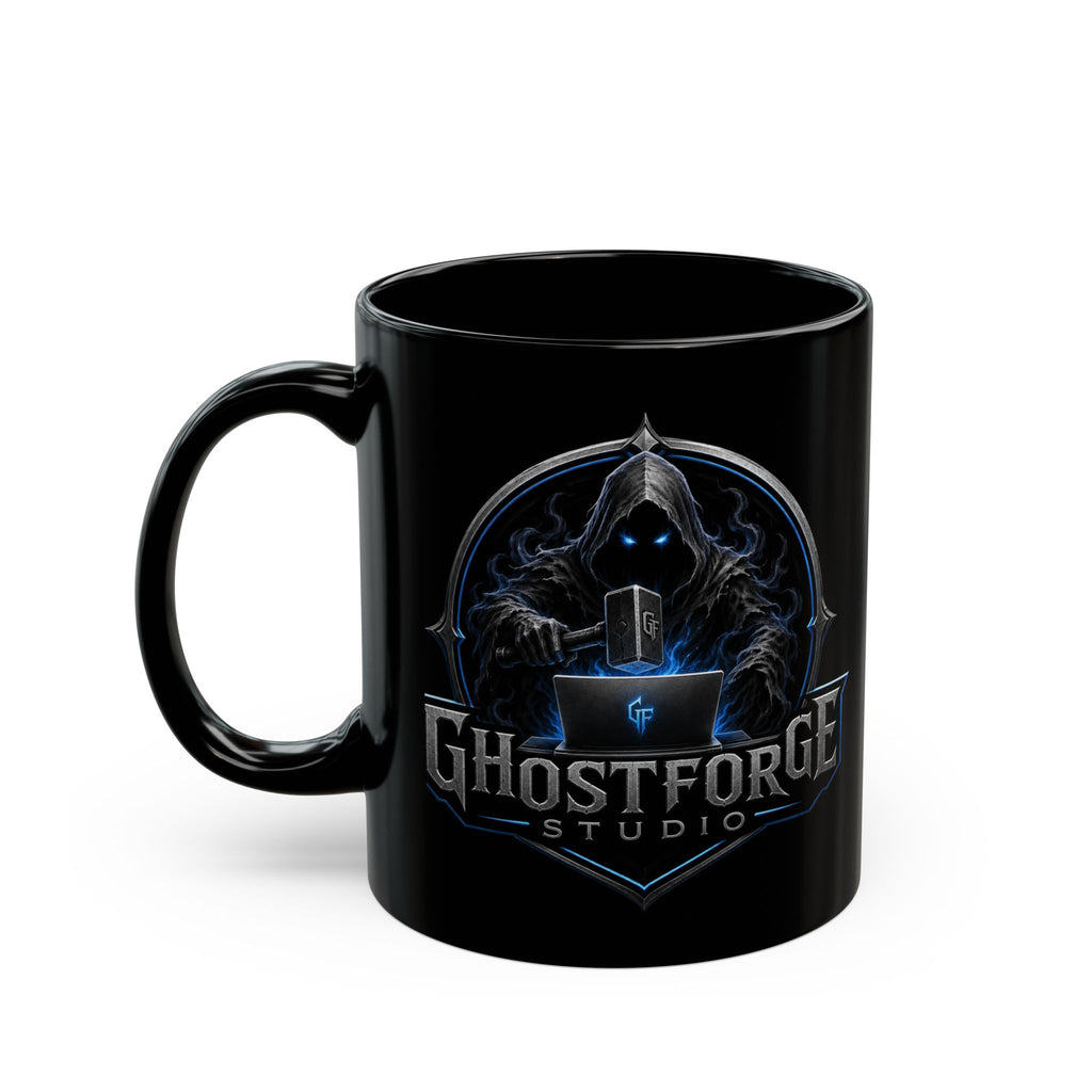 GhostForge Studio Logo Black Mug — Gaming Raven Hooded Emblem Coffee Cup (11oz/15oz)