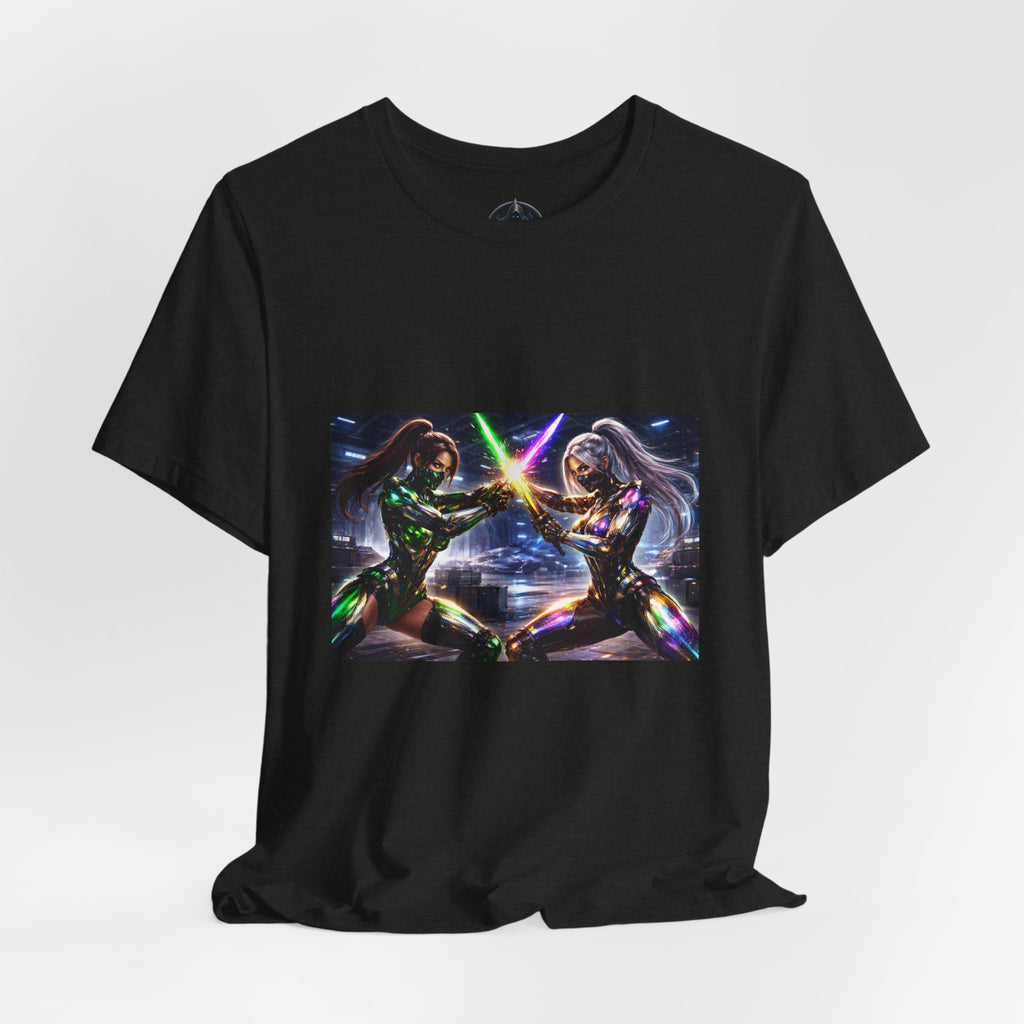 Sci‑Fi Duel Graphic Tee — Neon Cyber Warriors Chest Print