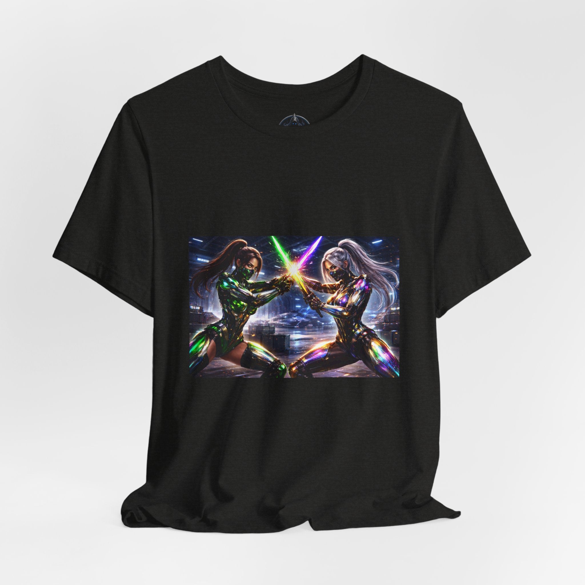 Sci‑Fi Duel Graphic Tee — Neon Cyber Warriors Chest Print