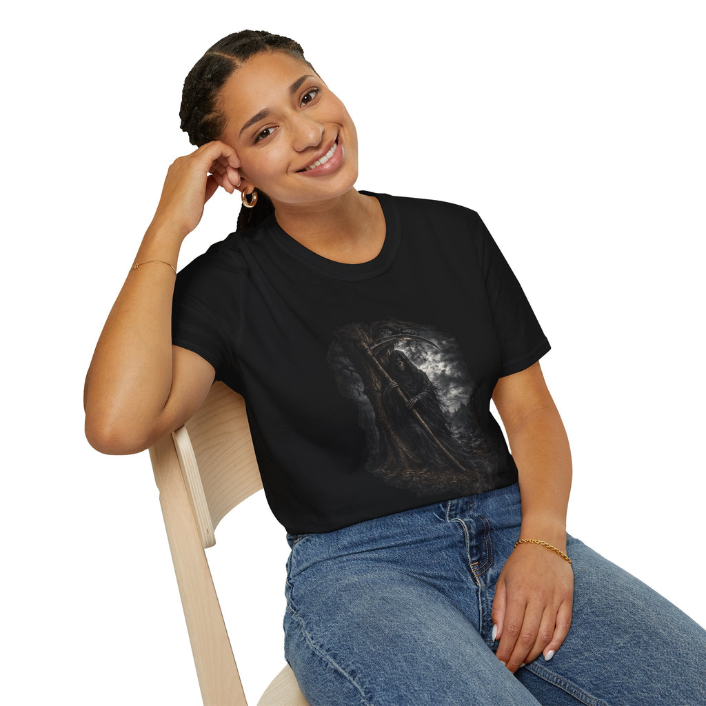 Grim Reaper Graphic T‑Shirt — Dark Gothic Scythe Design