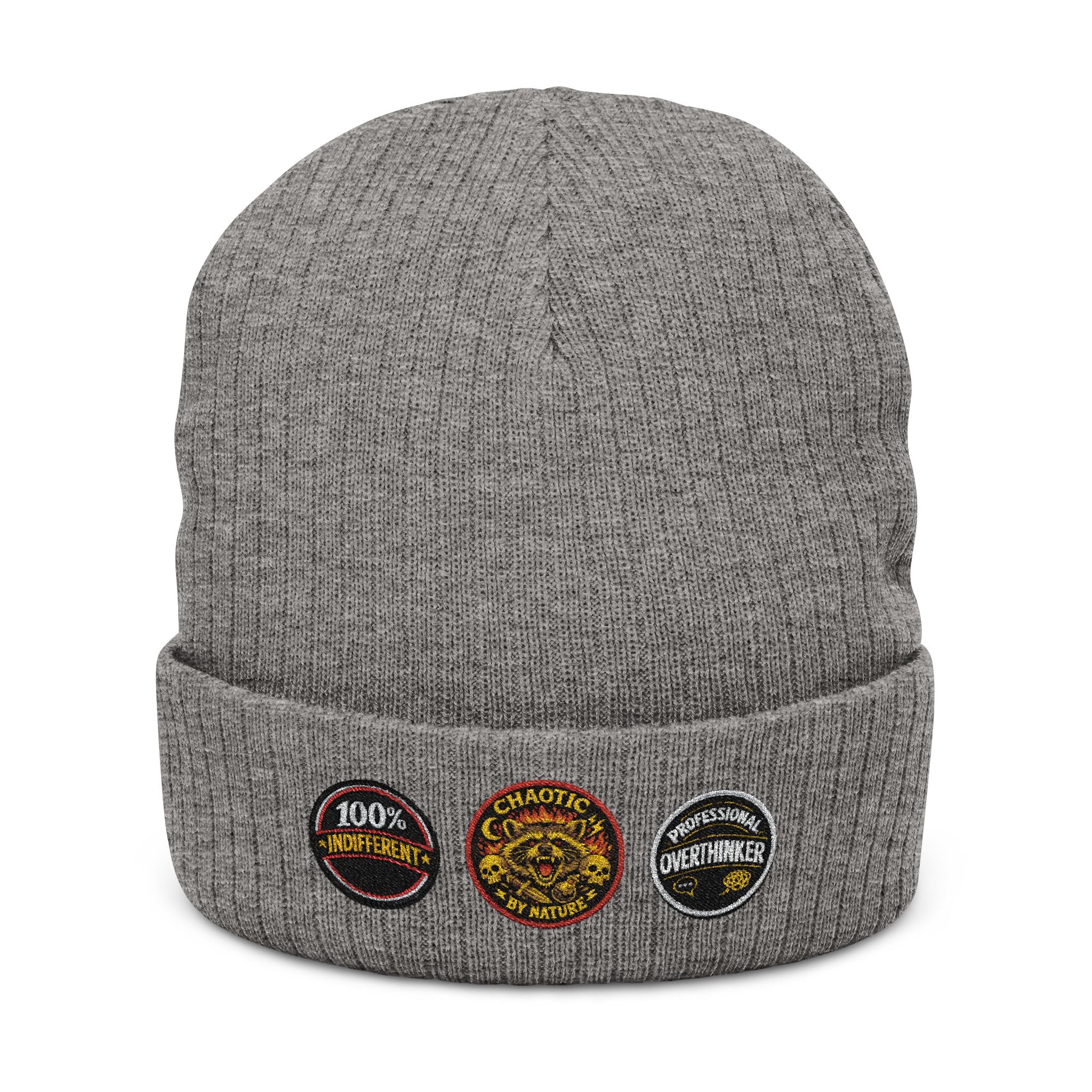 Faux-Embroidered Patch Ribbed Beanie — Vintage Crest Trio Knit Hat