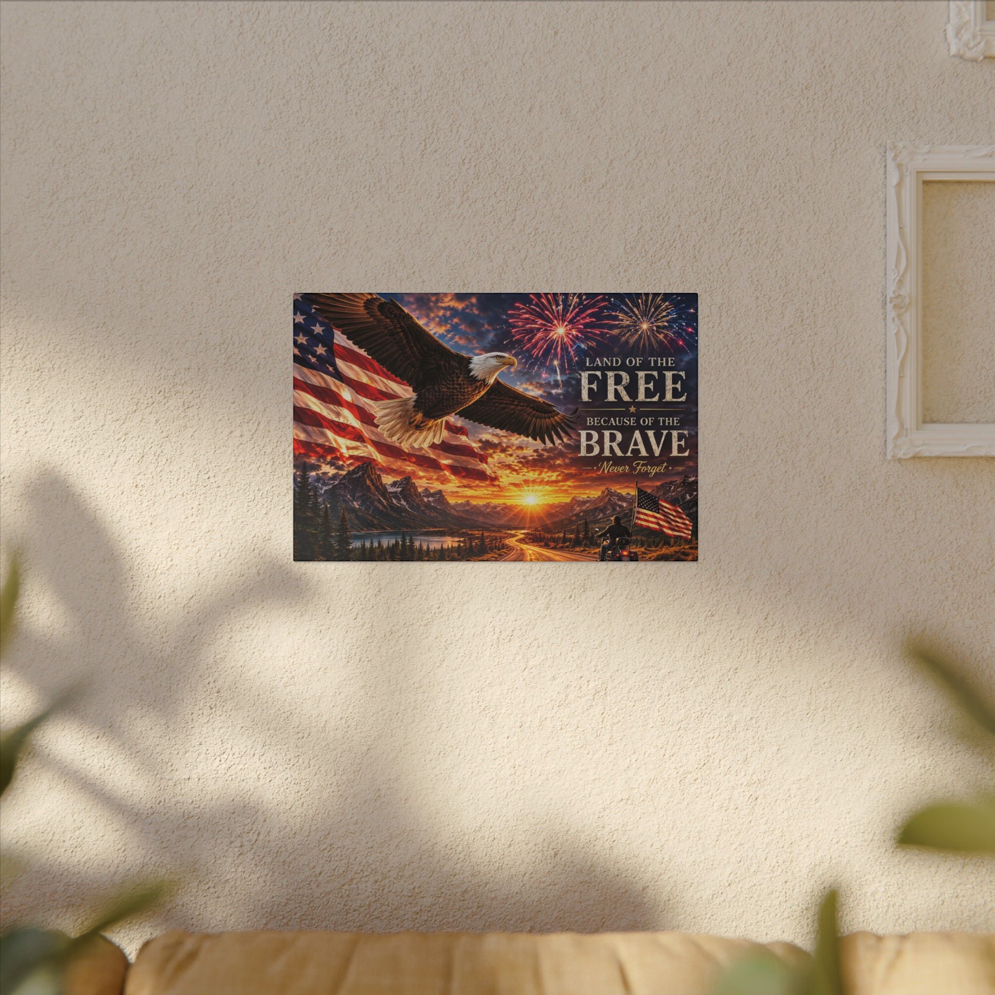 Patriotic Eagle Canvas Wall Art — “Land of the Free Because of the Brave” Matte Stretched Print