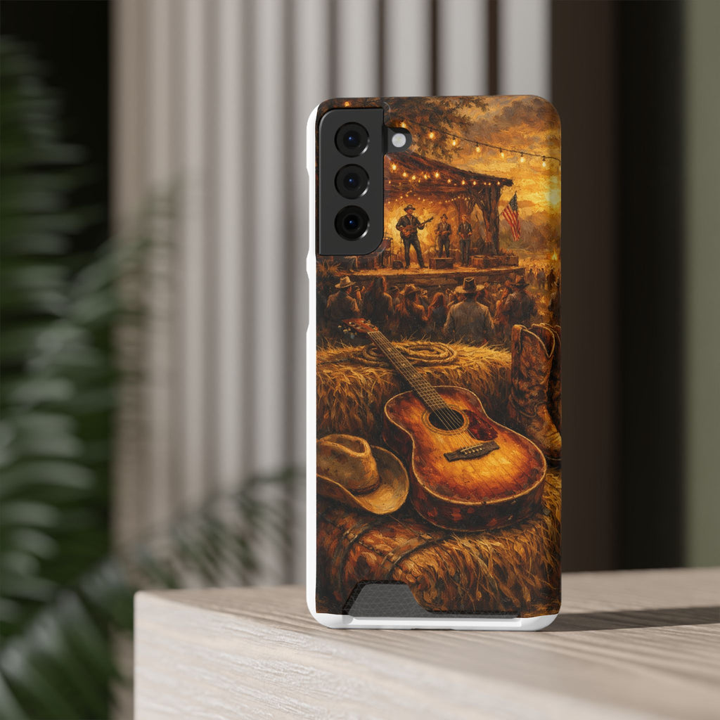 Country Music Guitar Phone Case with Card Holder — Rustic Concert Scene