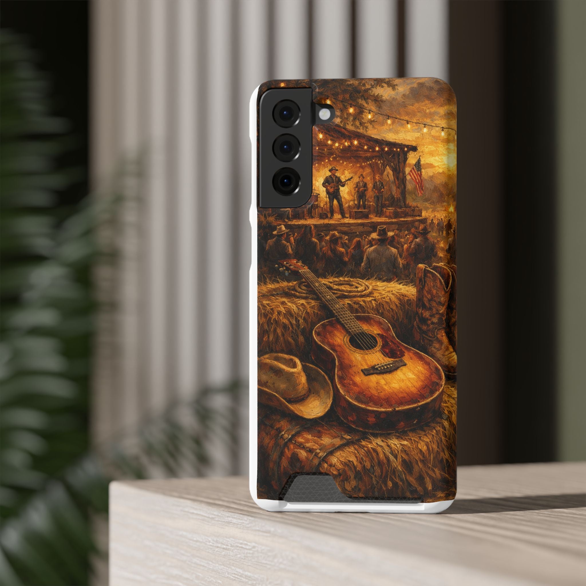 Country Music Guitar Phone Case with Card Holder — Rustic Concert Scene
