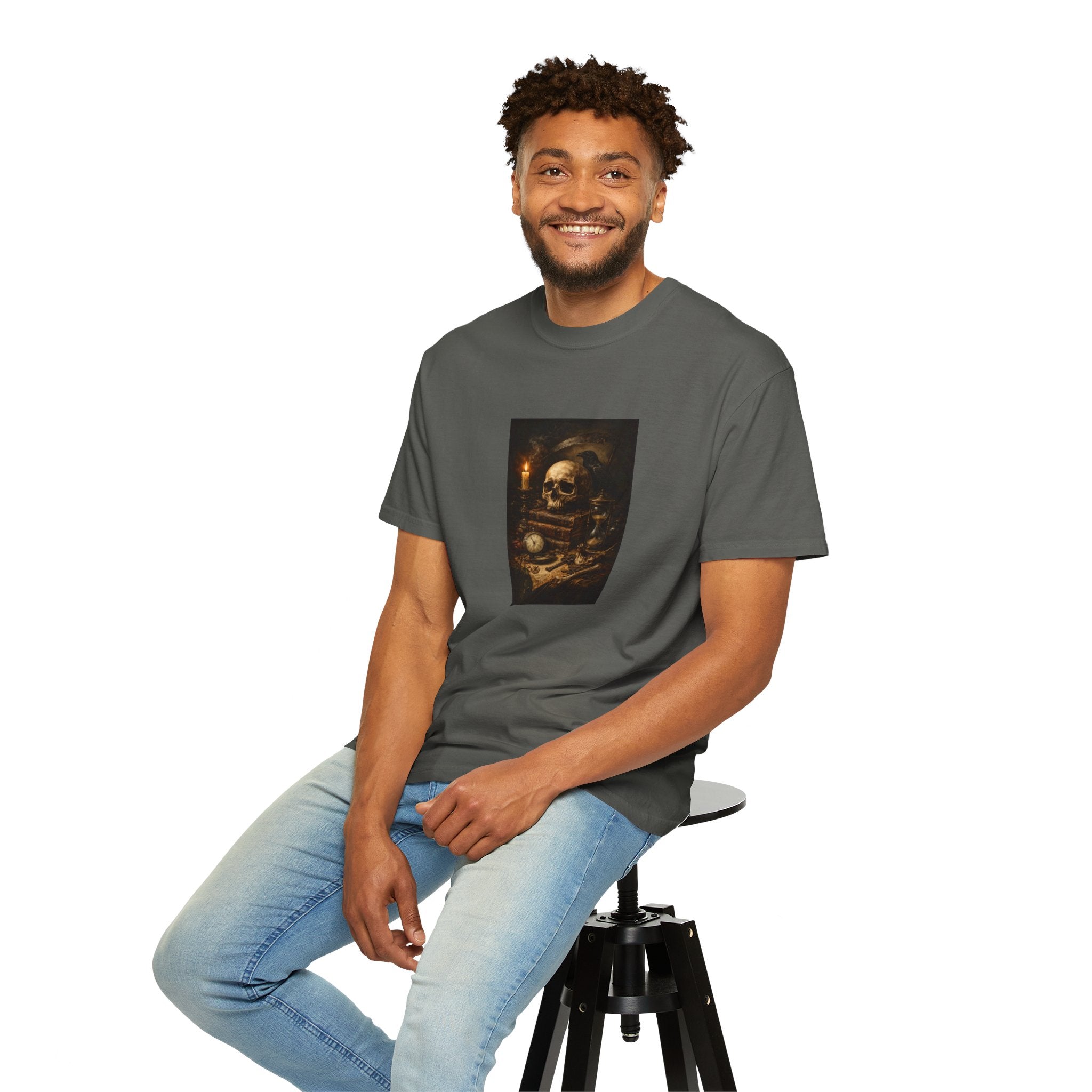 Skull Still Life T-Shirt — Vintage Vanitas Candle & Hourglass Graphic