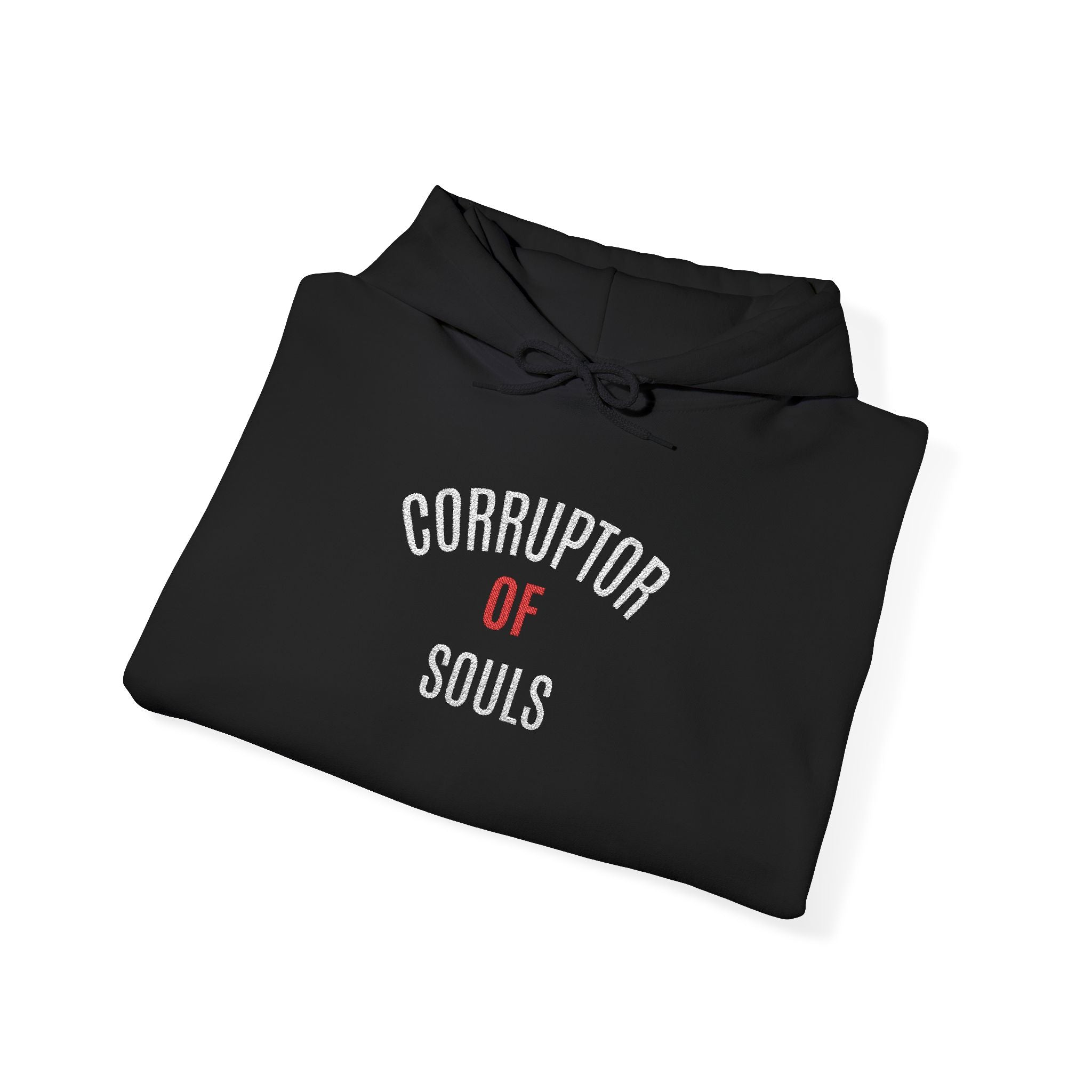 Corruptor of Souls Hoodie — Gothic Black Embroidered Pullover with Red Accent