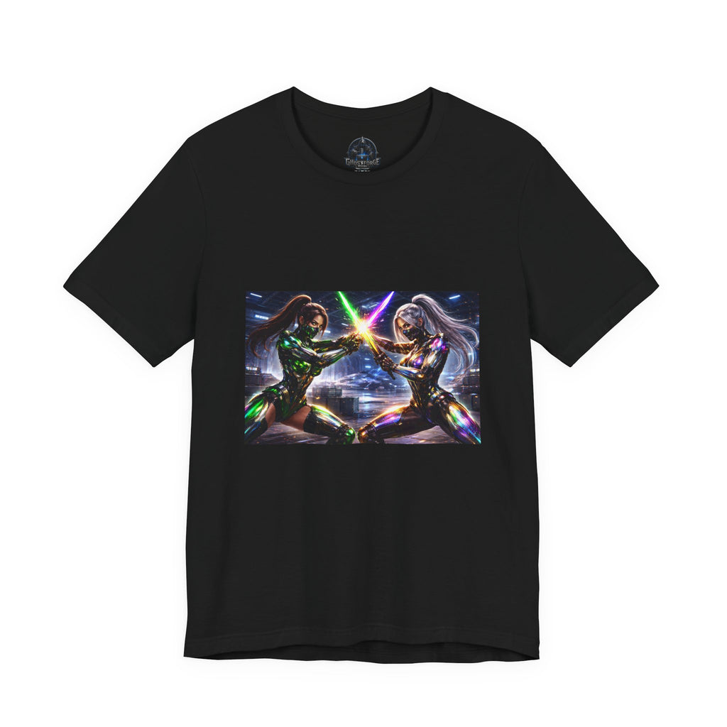 Sci‑Fi Duel Graphic Tee — Neon Cyber Warriors Chest Print