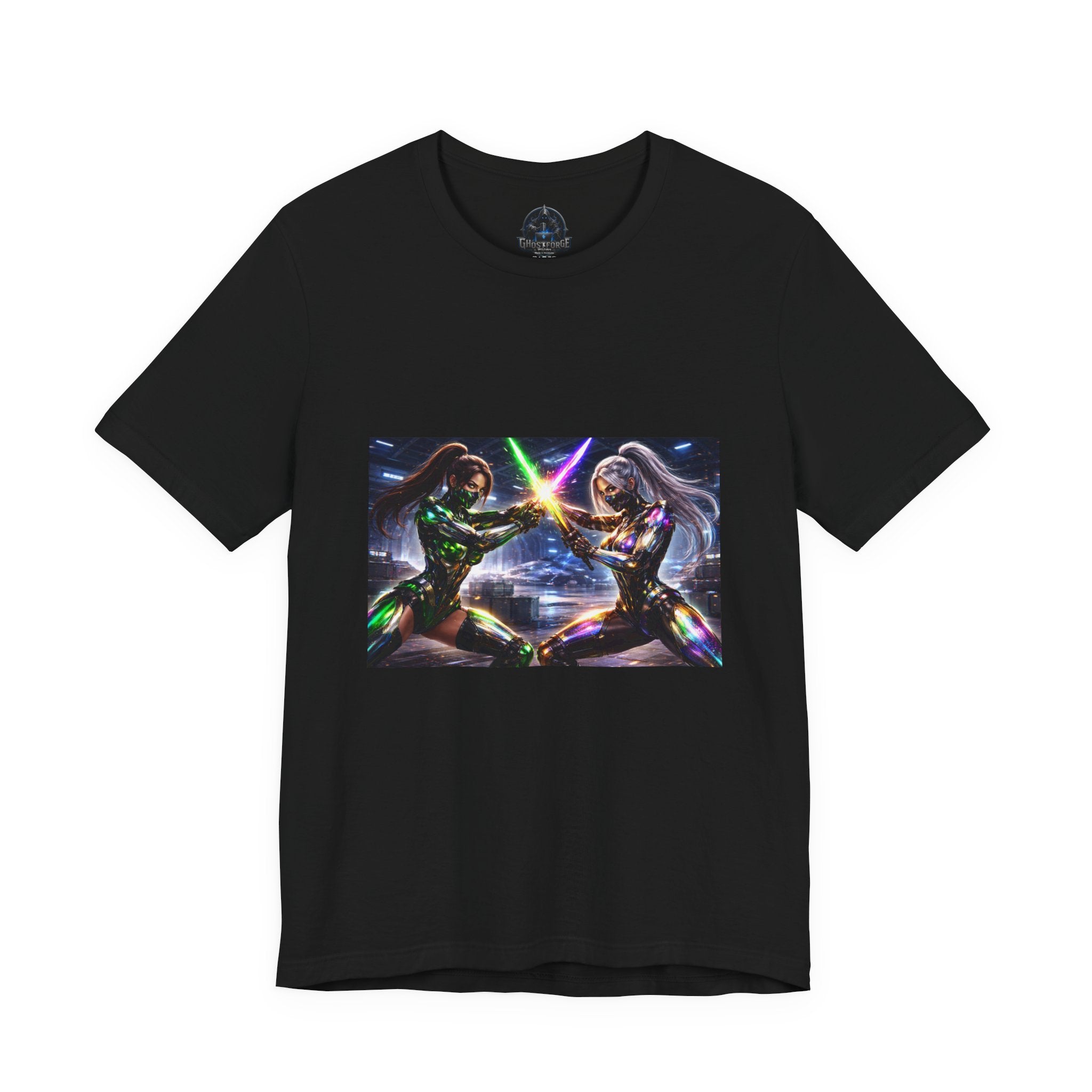 Sci‑Fi Duel Graphic Tee — Neon Cyber Warriors Chest Print