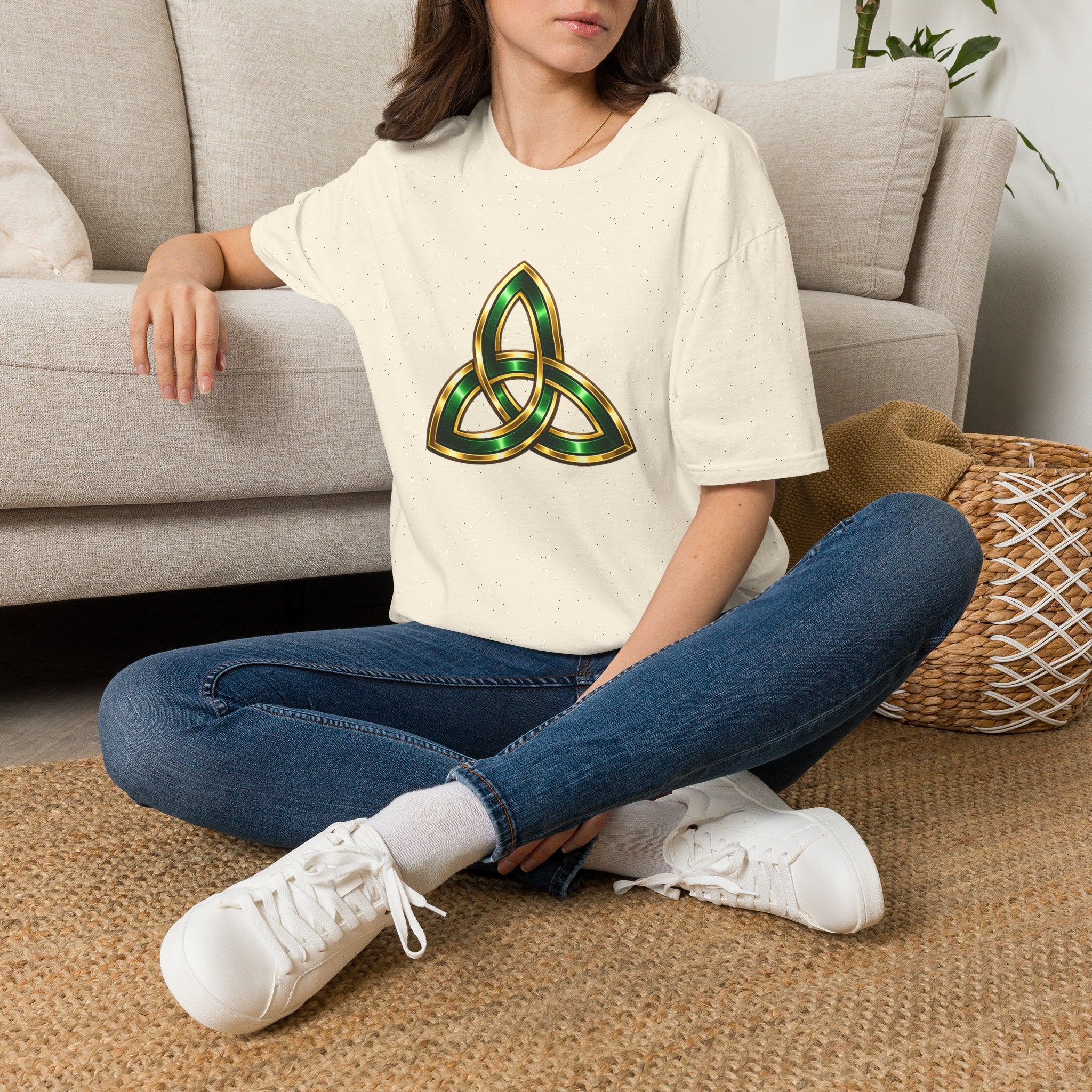 Celtic Trinity Knot T-Shirt — Gold & Emerald Irish Triquetra Design
