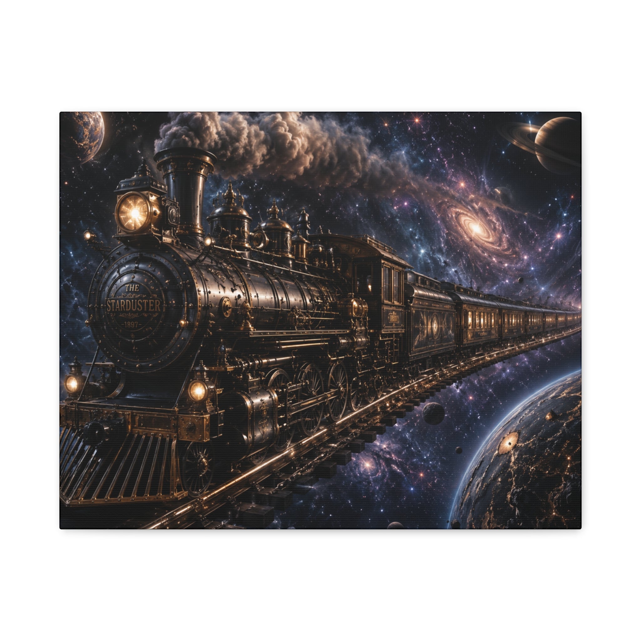 Steam Train Through the Cosmos Canvas Art — Vintage Locomotive Space Poster