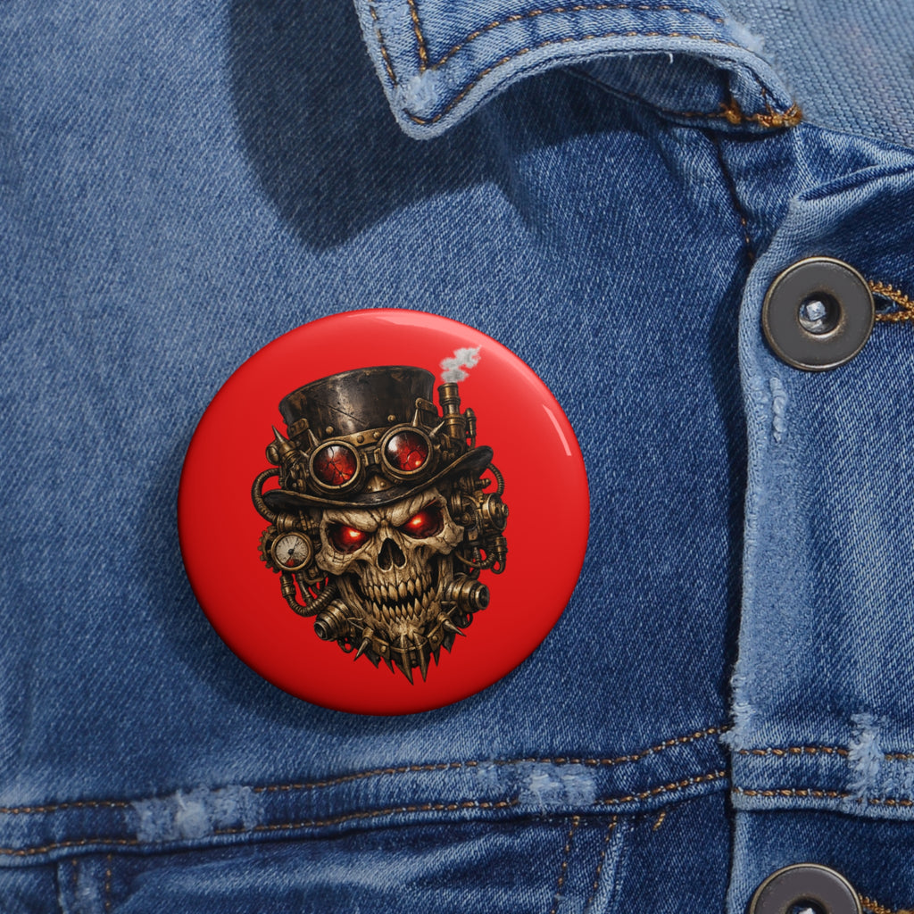 Skull Steampunk Pin Button — Red Gothic Skull Badge