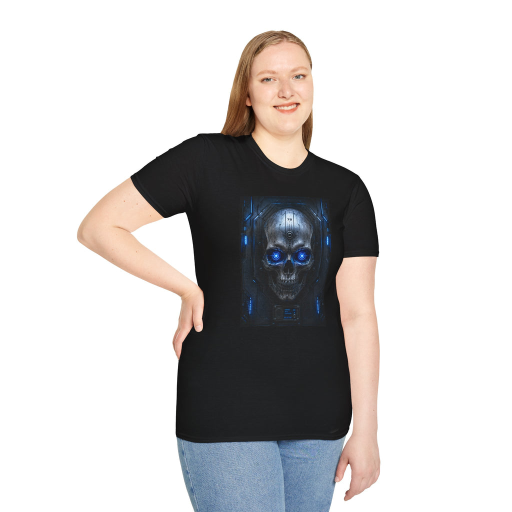 Skull Cyberpunk T-Shirt — Blue Glowing Skull Sci‑Fi Graphic Tee
