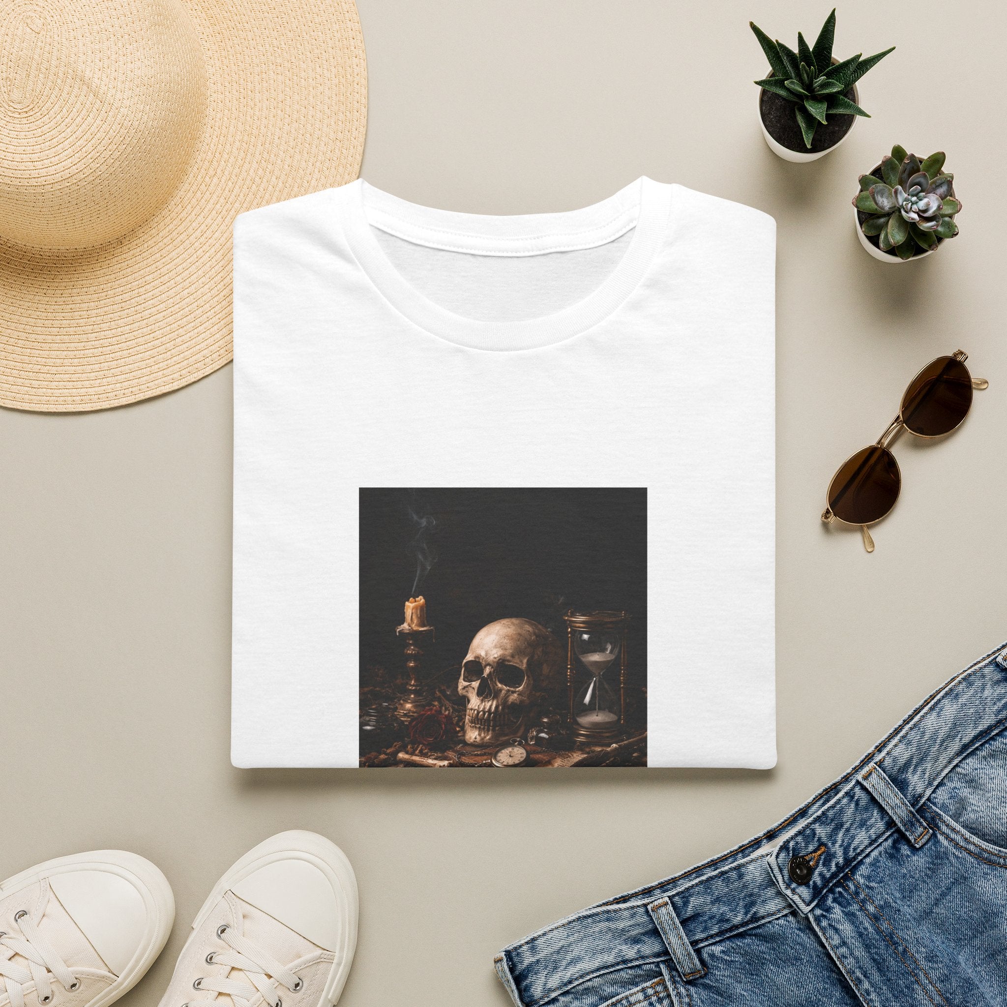 Skull Still Life T-Shirt — Vintage Vanitas Candle & Hourglass Tee