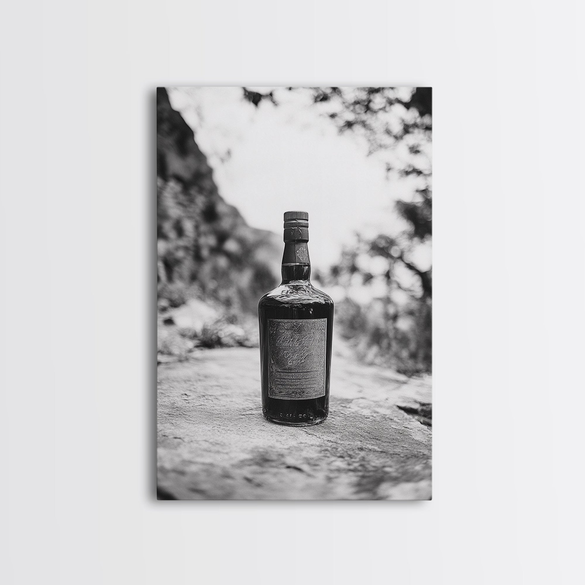 Vintage Whiskey Bottle, Rustic Outdoor Still, Timeless Spirits, Aged Detail, Framed Canvas Print, Man Cave Art, Bar Wall Decor