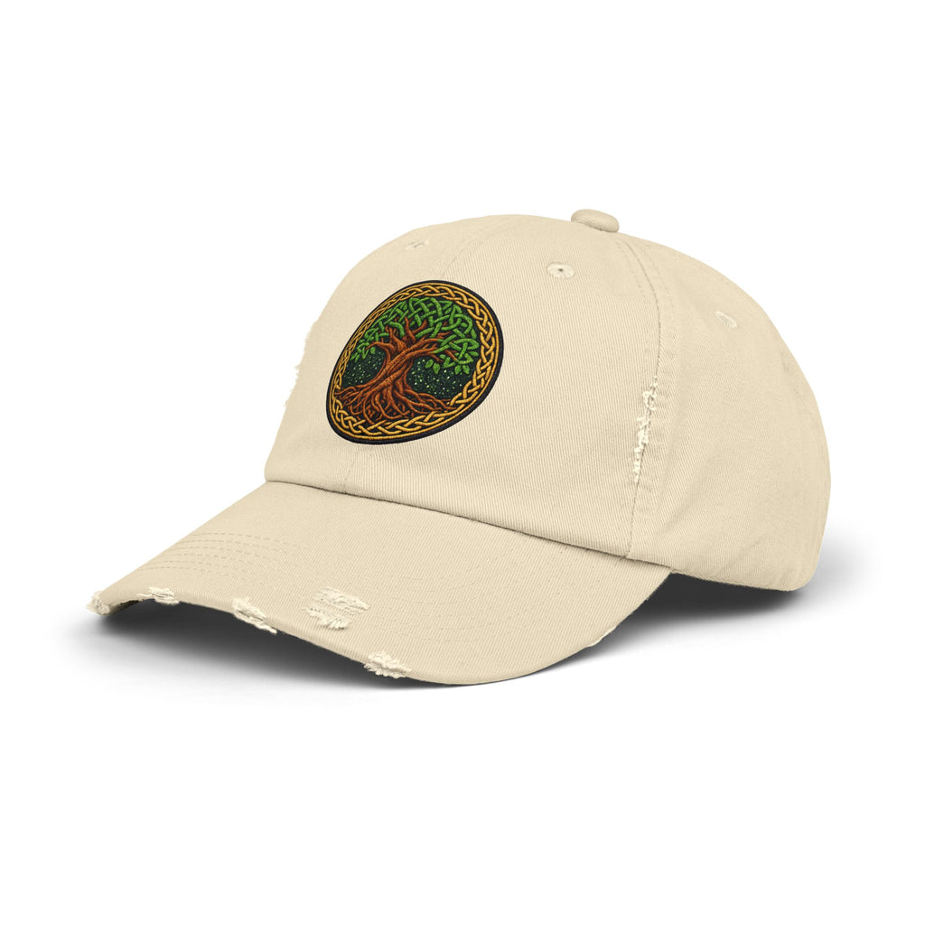 Distressed Baseball Cap — Celtic Tree of Life Faux-Embroidered Adjustable Hat