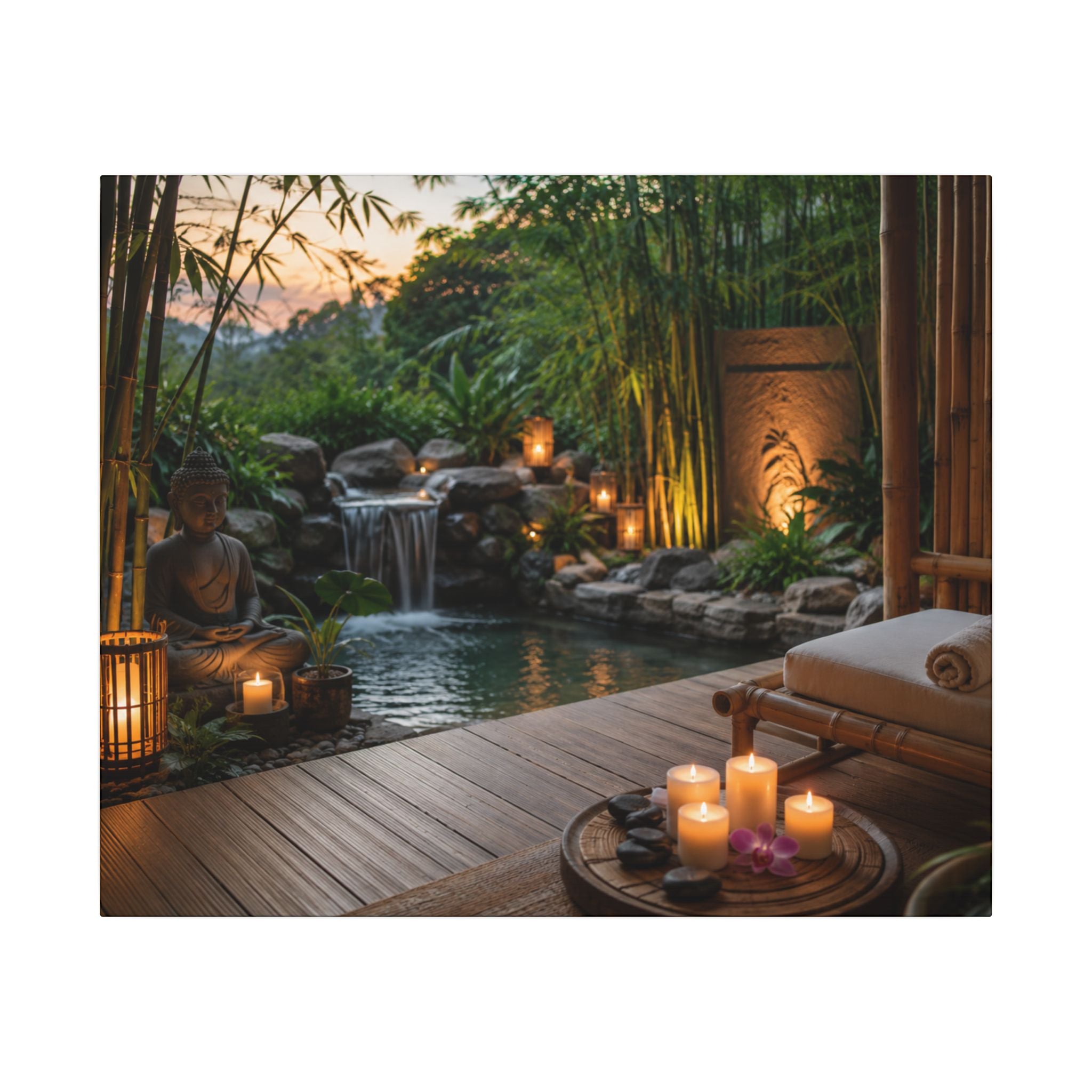 Zen Spa Retreat Canvas — Tranquil Bamboo Waterfall Wall Art