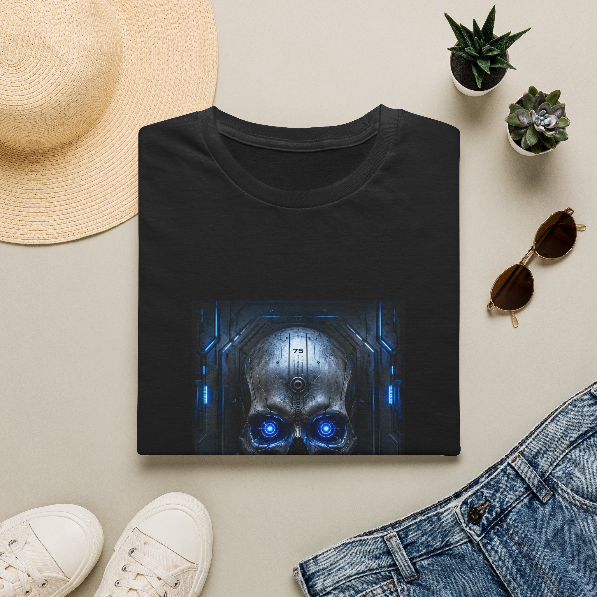 Skull Cyberpunk T-Shirt — Blue Glowing Skull Sci‑Fi Graphic Tee