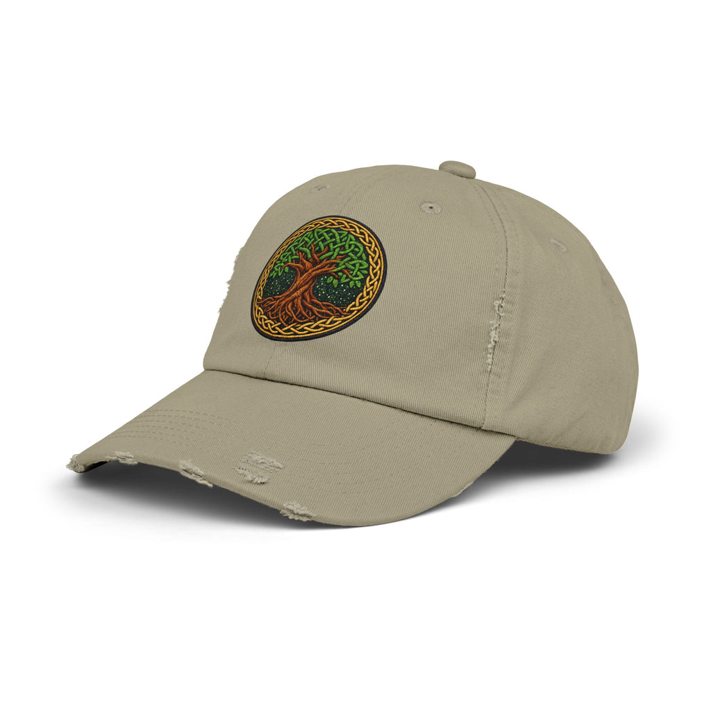 Distressed Baseball Cap — Celtic Tree of Life Faux-Embroidered Adjustable Hat