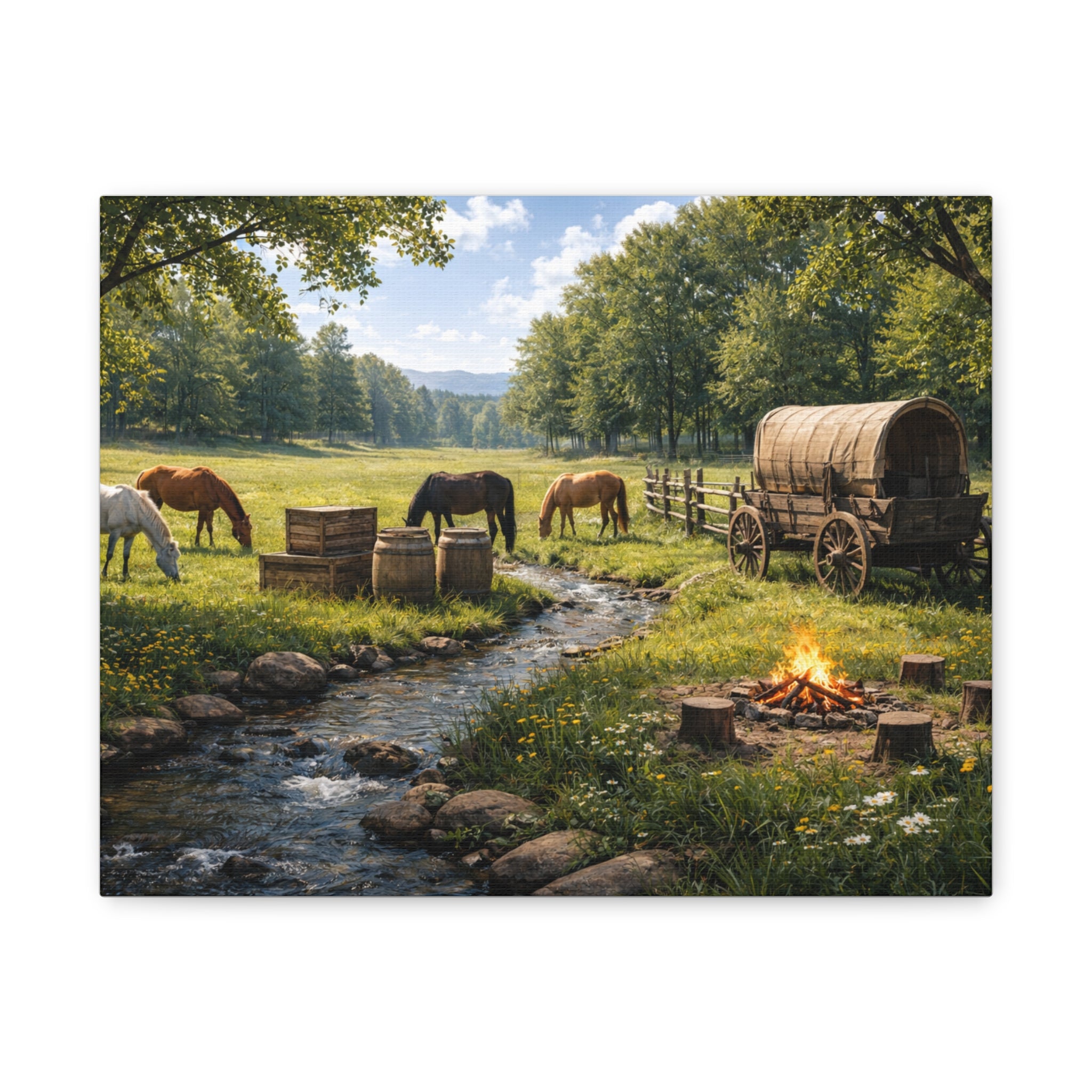 Country Trail Canvas Print – Rustic Wagon & Horses Matte Stretched Wall Art