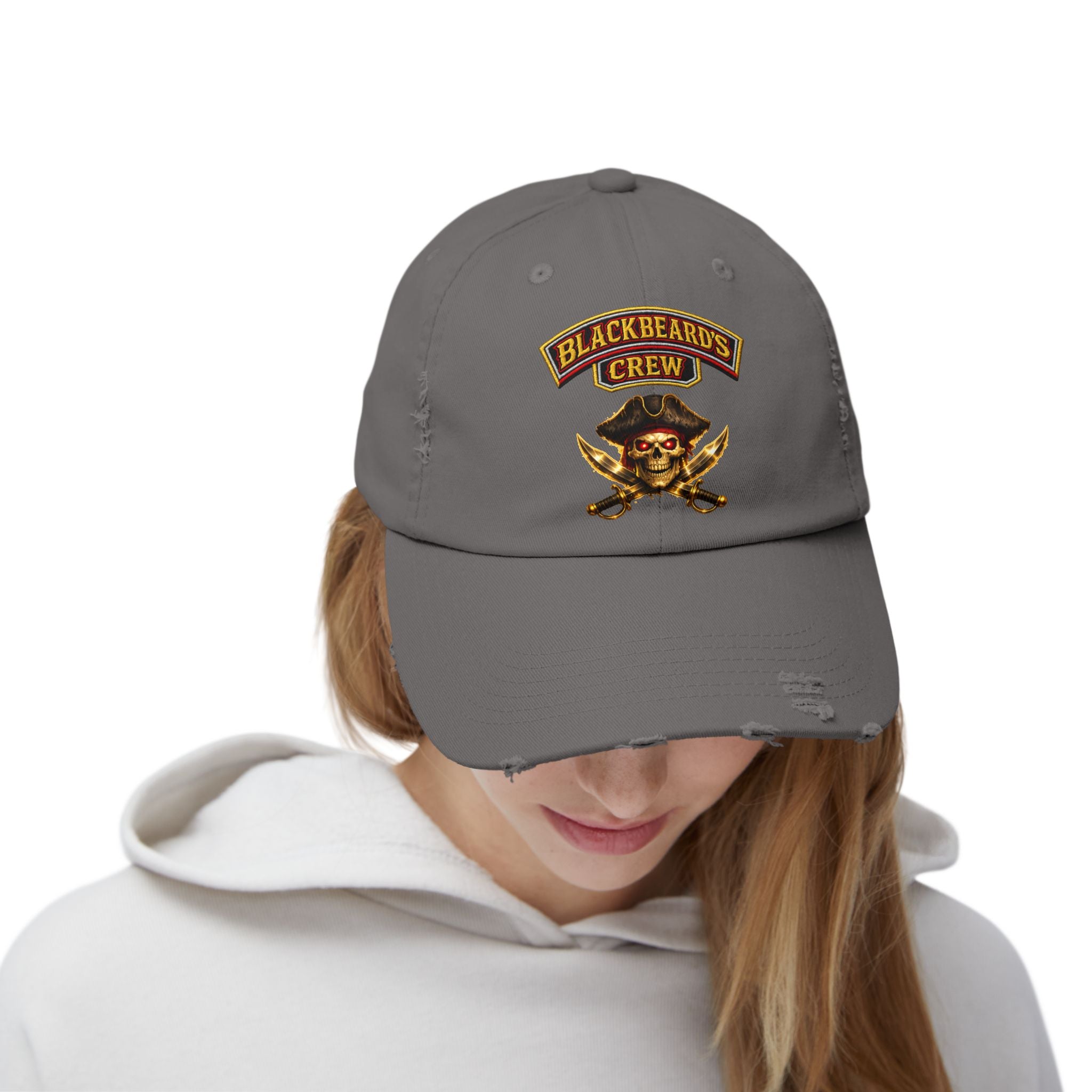 Blackbeard's Crew Distressed Baseball Cap — Pirate Skull Patch Hat