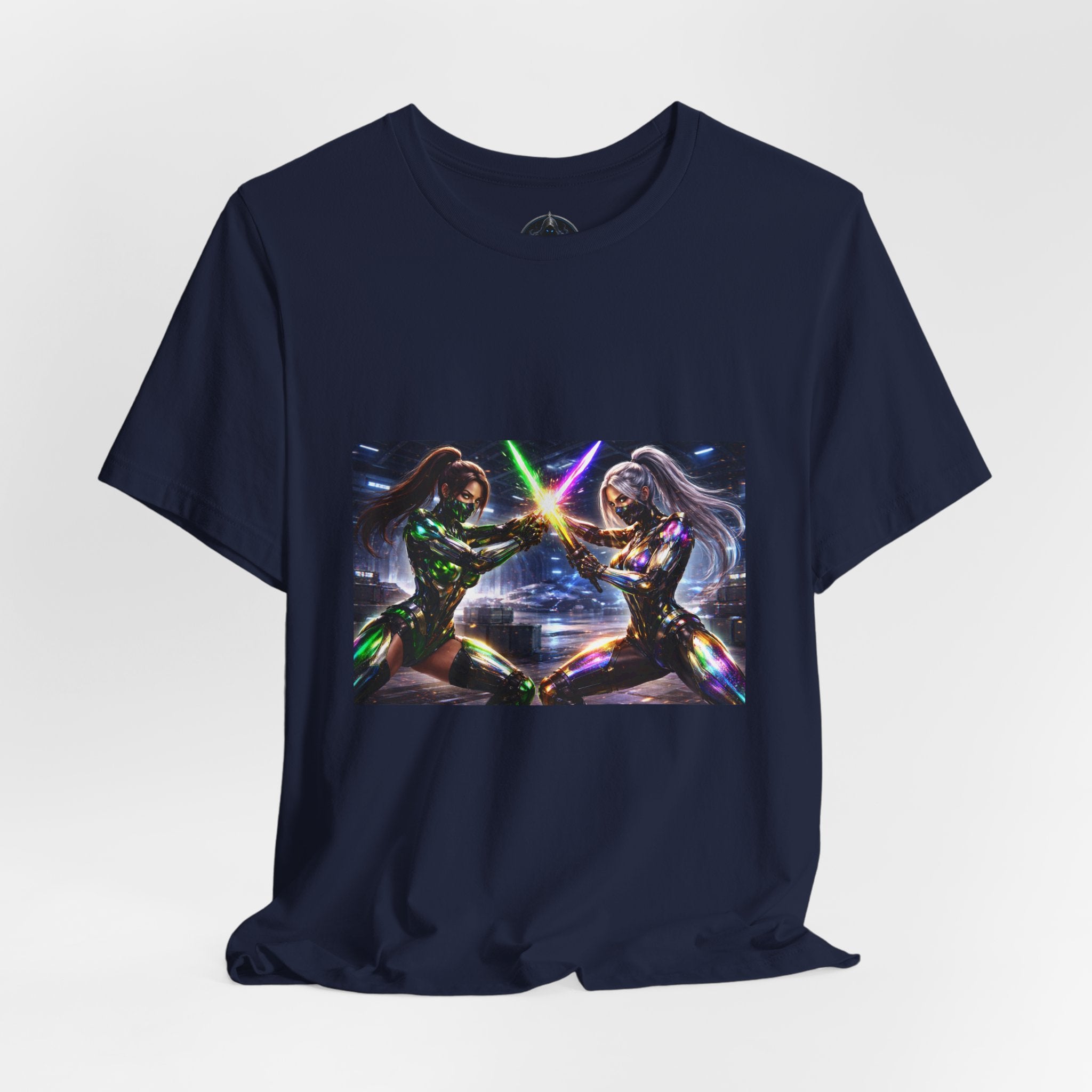 Sci‑Fi Duel Graphic Tee — Neon Cyber Warriors Chest Print