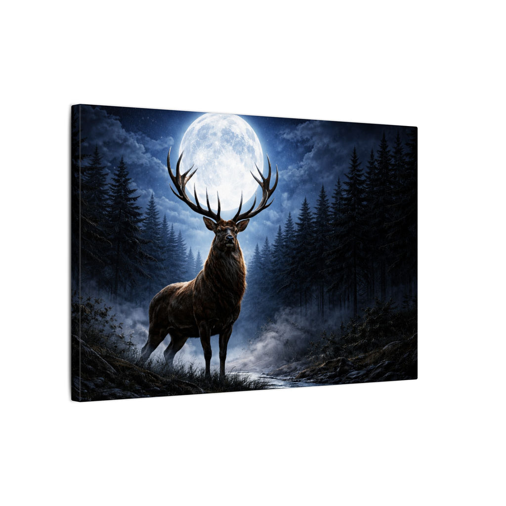 Moonlit Stag Canvas Wall Art — Majestic Deer in Forest Night Scene