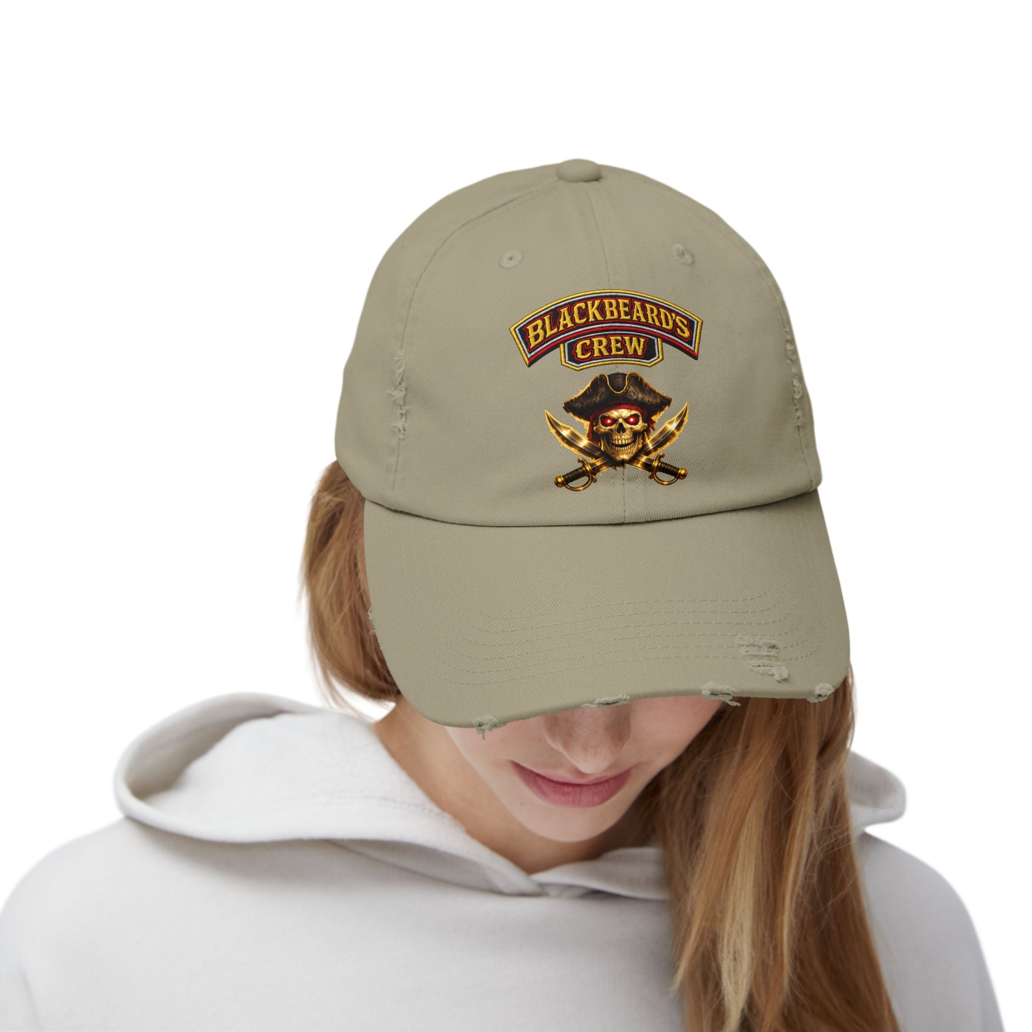 Blackbeard's Crew Distressed Baseball Cap — Pirate Skull Patch Hat