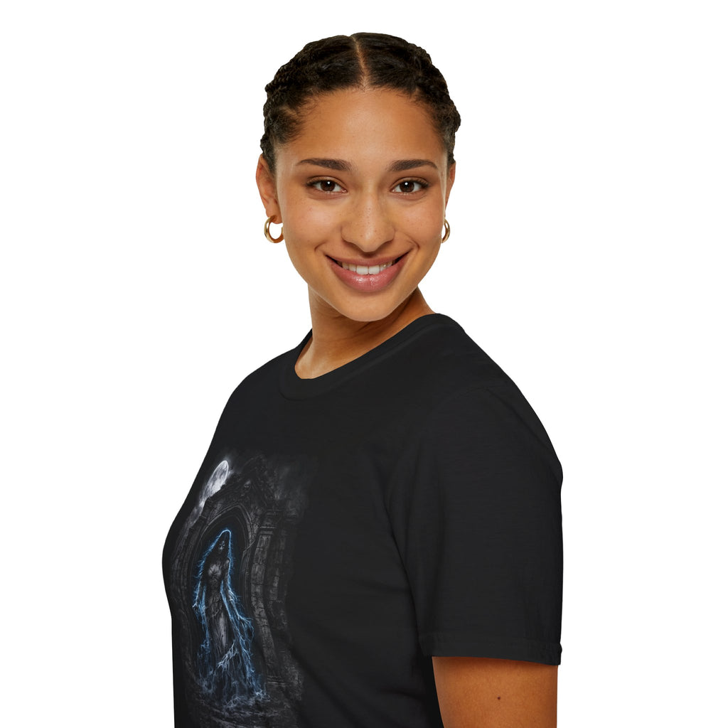 Gothic Moonlight Apparition T‑Shirt — Haunted Shrine Ghost Design
