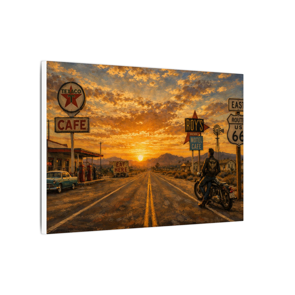 Route 66 Sunset Motorcycle Canvas Wall Art — Vintage Roadside Cafe Print