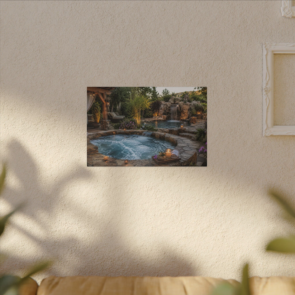 Relaxing Backyard Spa Canvas Wall Art – Tranquil Pool & Waterfall Scene