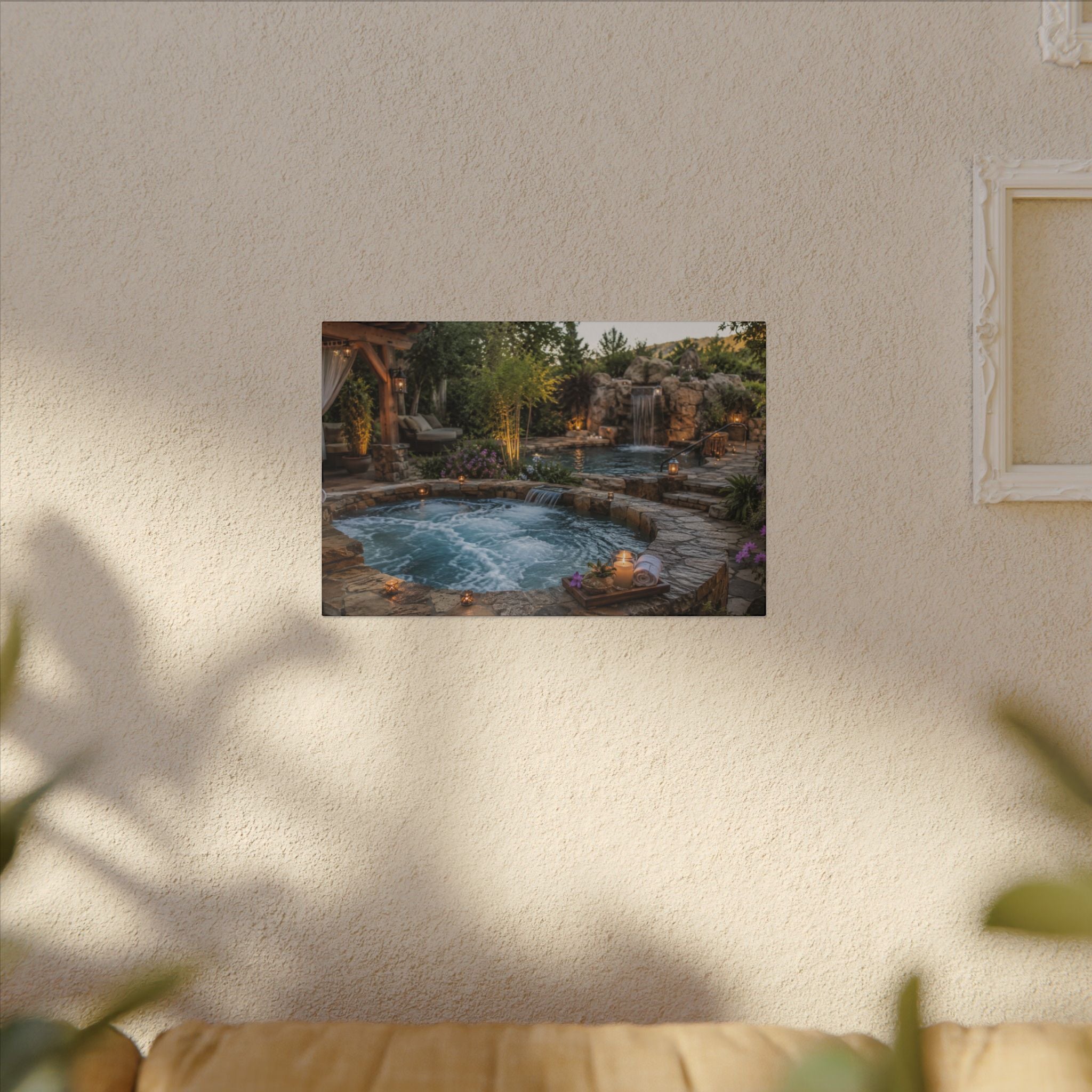 Relaxing Backyard Spa Canvas Wall Art – Tranquil Pool & Waterfall Scene