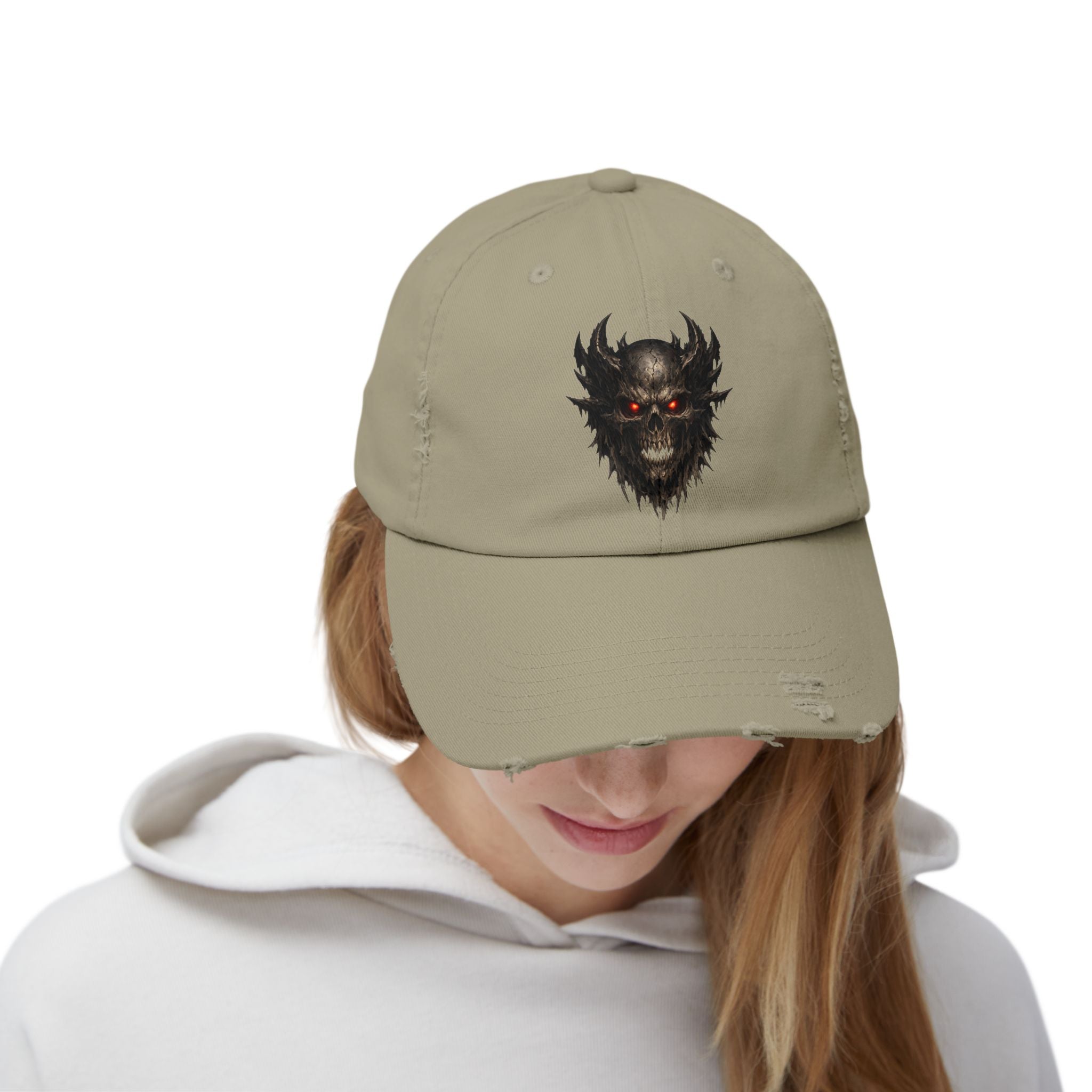 Distressed Skull Cap with Glowing Red Eyes — Gothic Demon Hat