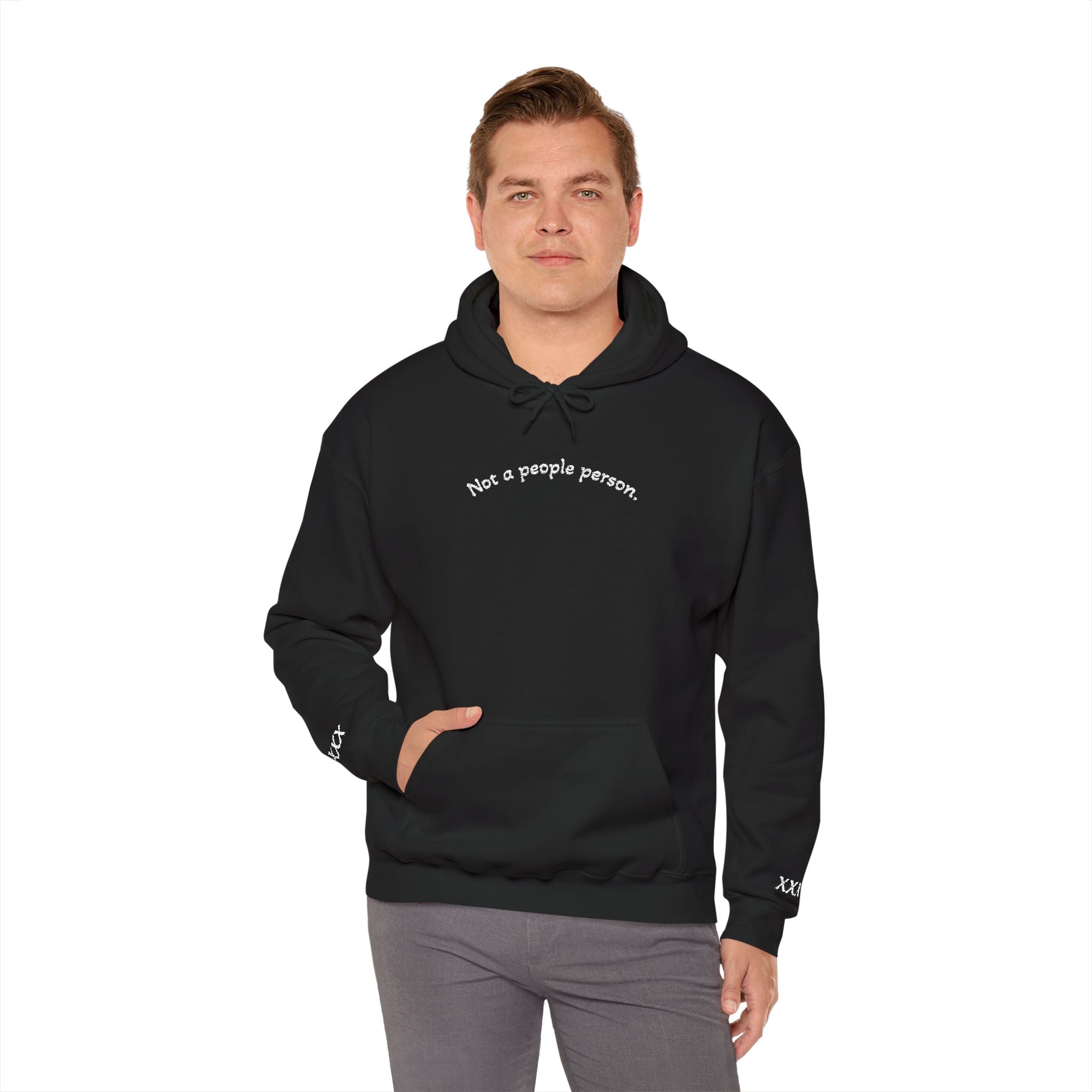 'Not a People Person' Black Hoodie — Minimal Text Embroidered Pullover