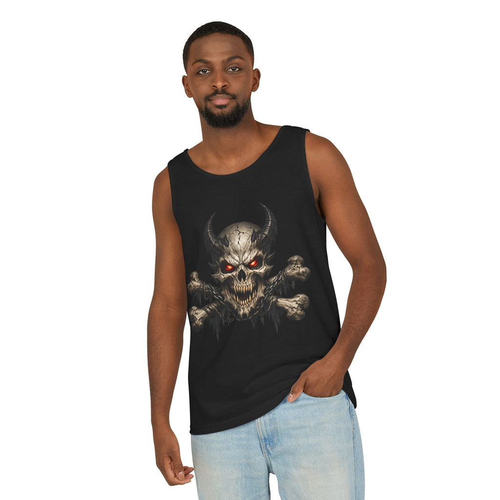 Demon Skull Tank Top — Red-Eyed Skull & Crossbones Graphic